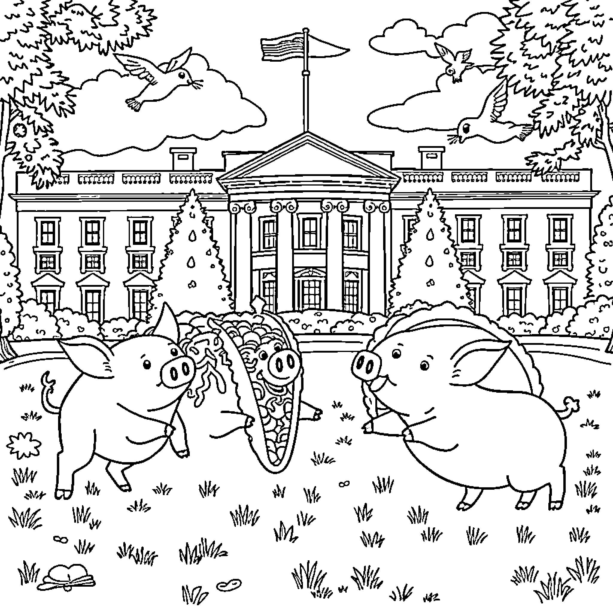 Taco Pigs Playing in the White House Garden Coloring Page (free black-and-white line drawing printable PDF for all, from beginners to advanced learners, including children, teens, adults, and seniors)