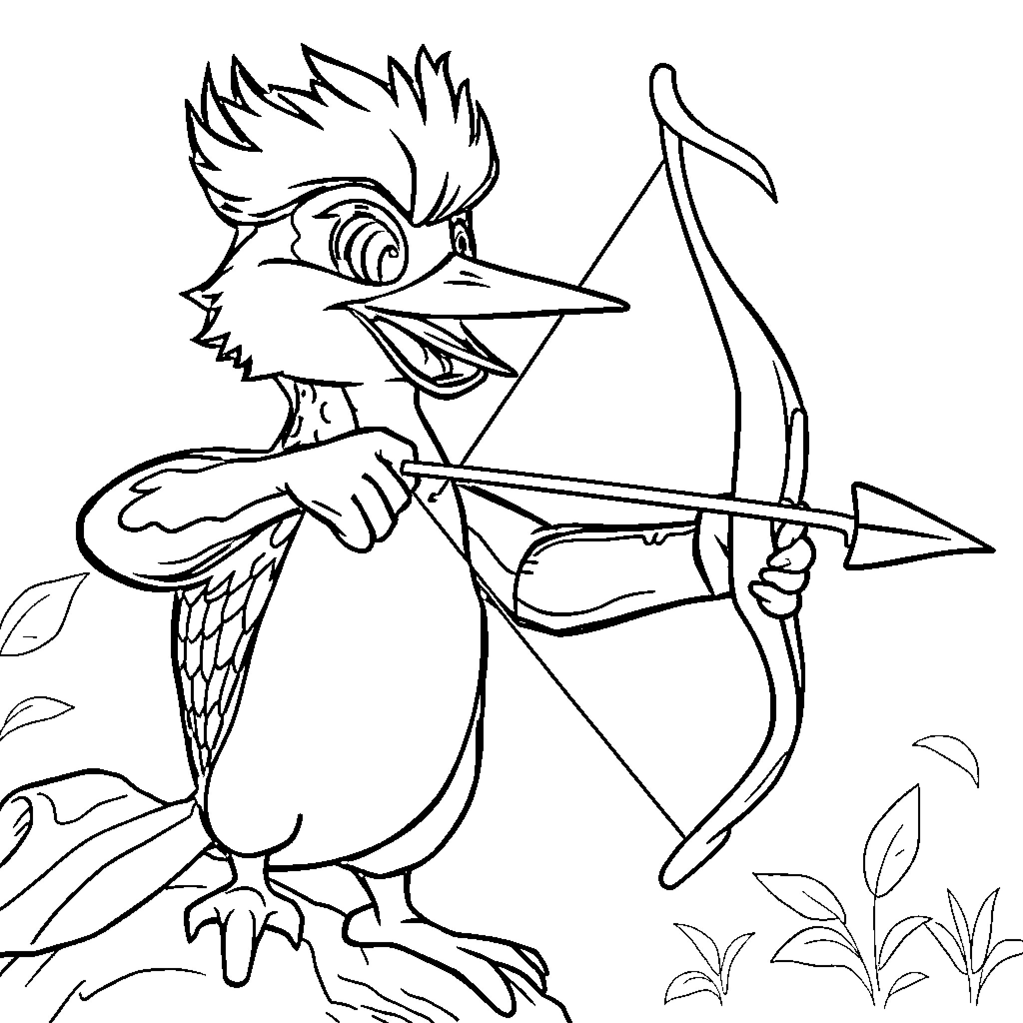 Woody Woodpecker aiming with bow and arrow Coloring Page (free black-and-white line drawing printable PDF for all, from beginners to advanced learners, including children, teens, adults, and seniors)