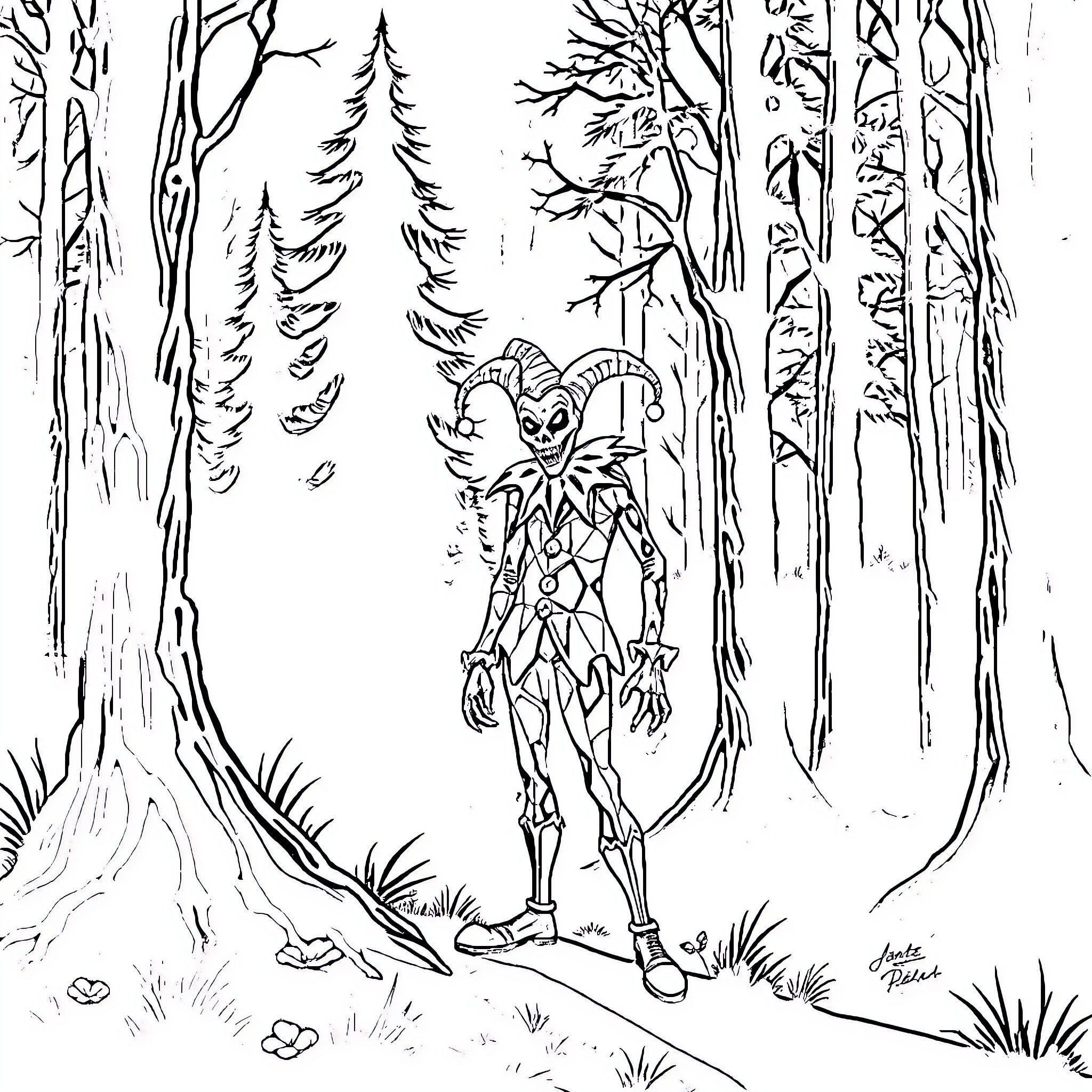 Jester's Enchanted Forest Adventure Coloring Page (free black-and-white line drawing printable PDF for all, from beginners to advanced learners, including children, teens, adults, and seniors)