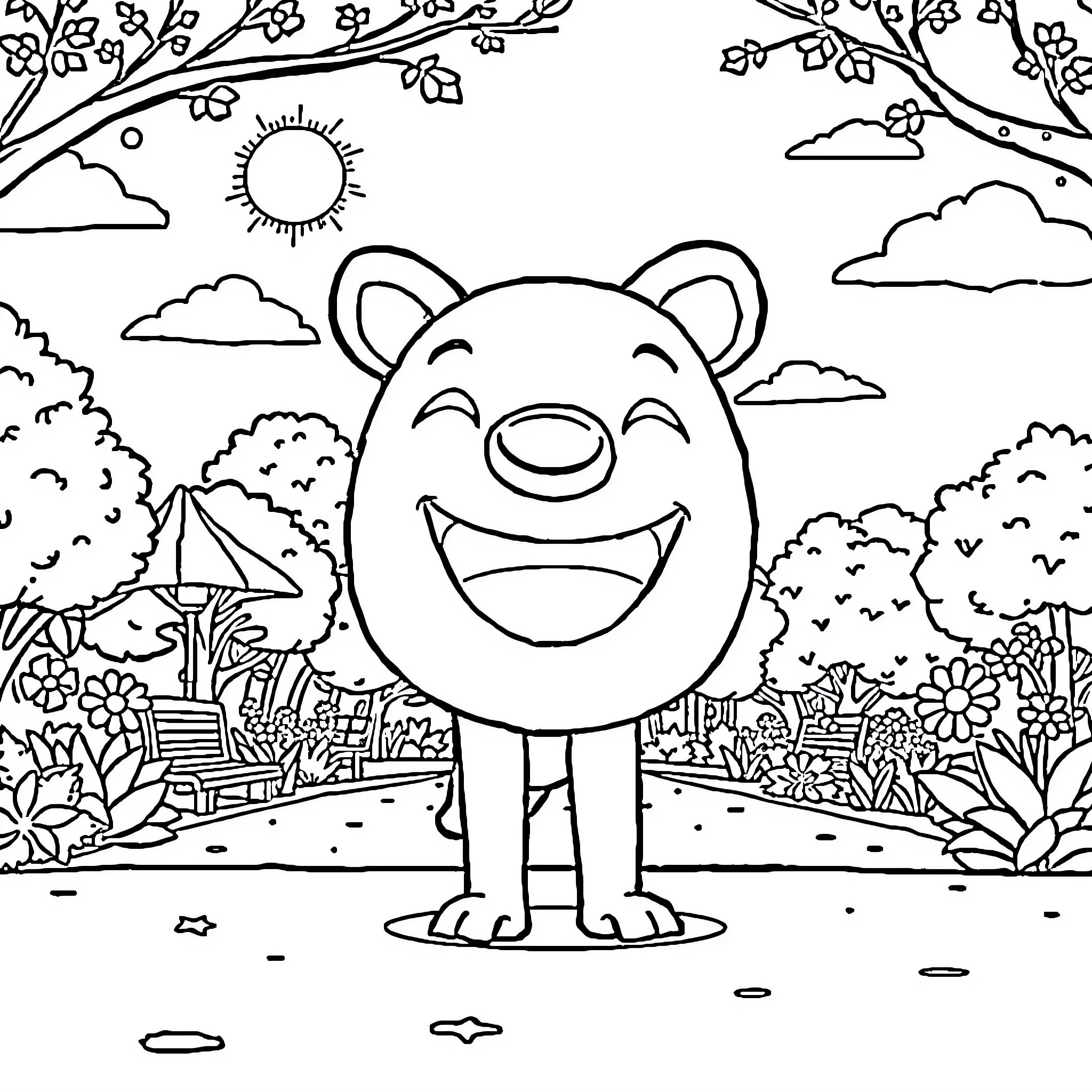 Labubu's Joyful Nature Adventure Coloring Page (free black-and-white line drawing printable PDF for all, from beginners to advanced learners, including children, teens, adults, and seniors)