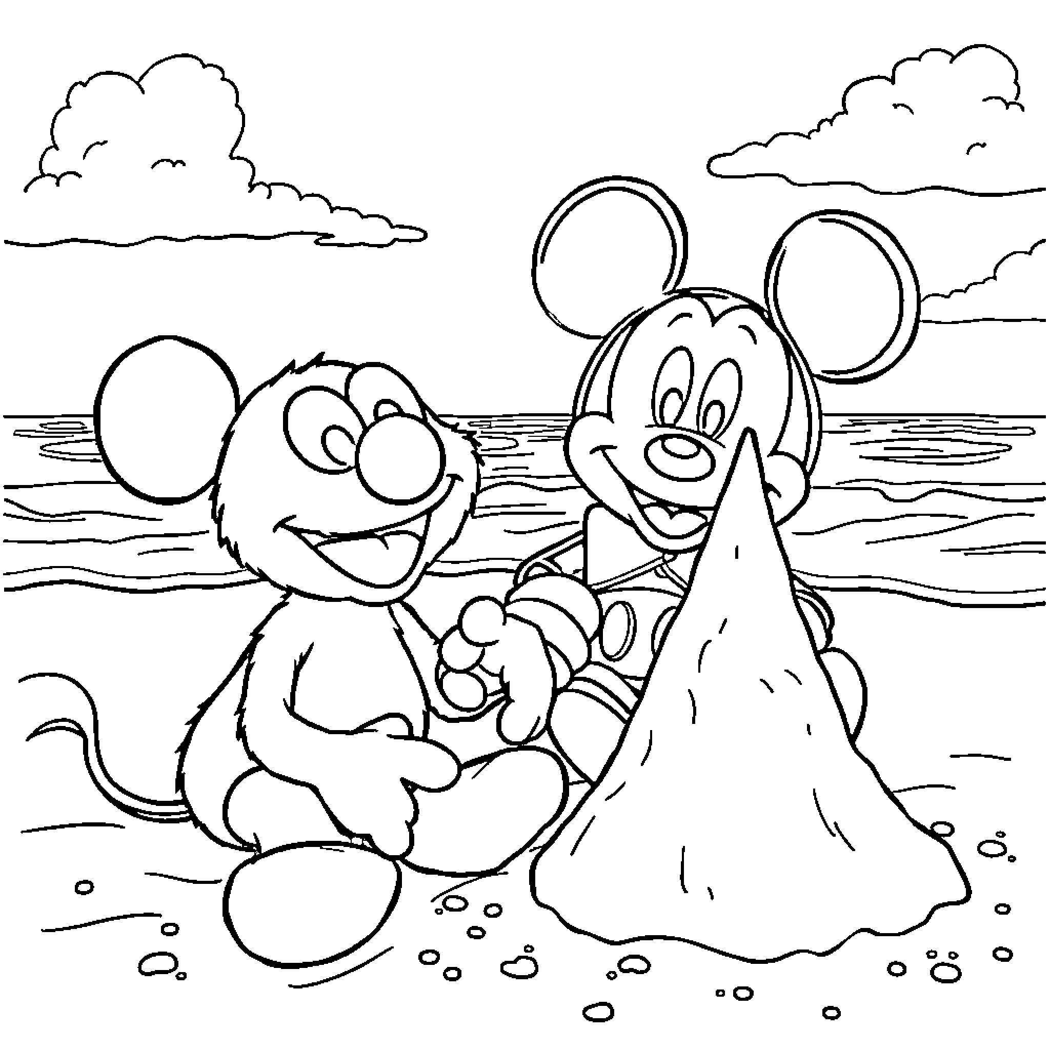 Elmo and Mickey Mouse playing together at the beach Coloring Page (free black-and-white line drawing printable PDF for all, from beginners to advanced learners, including children, teens, adults, and seniors)