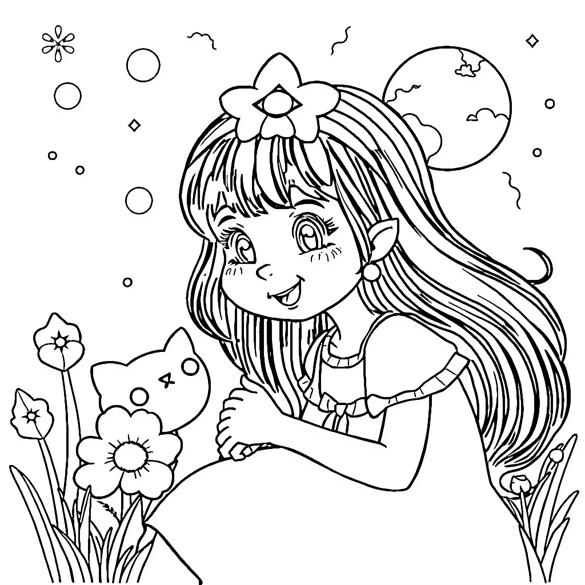 Gabby's Whimsical Garden Adventure Coloring Page (free black-and-white line drawing printable PDF for all, from beginners to advanced learners, including children, teens, adults, and seniors)