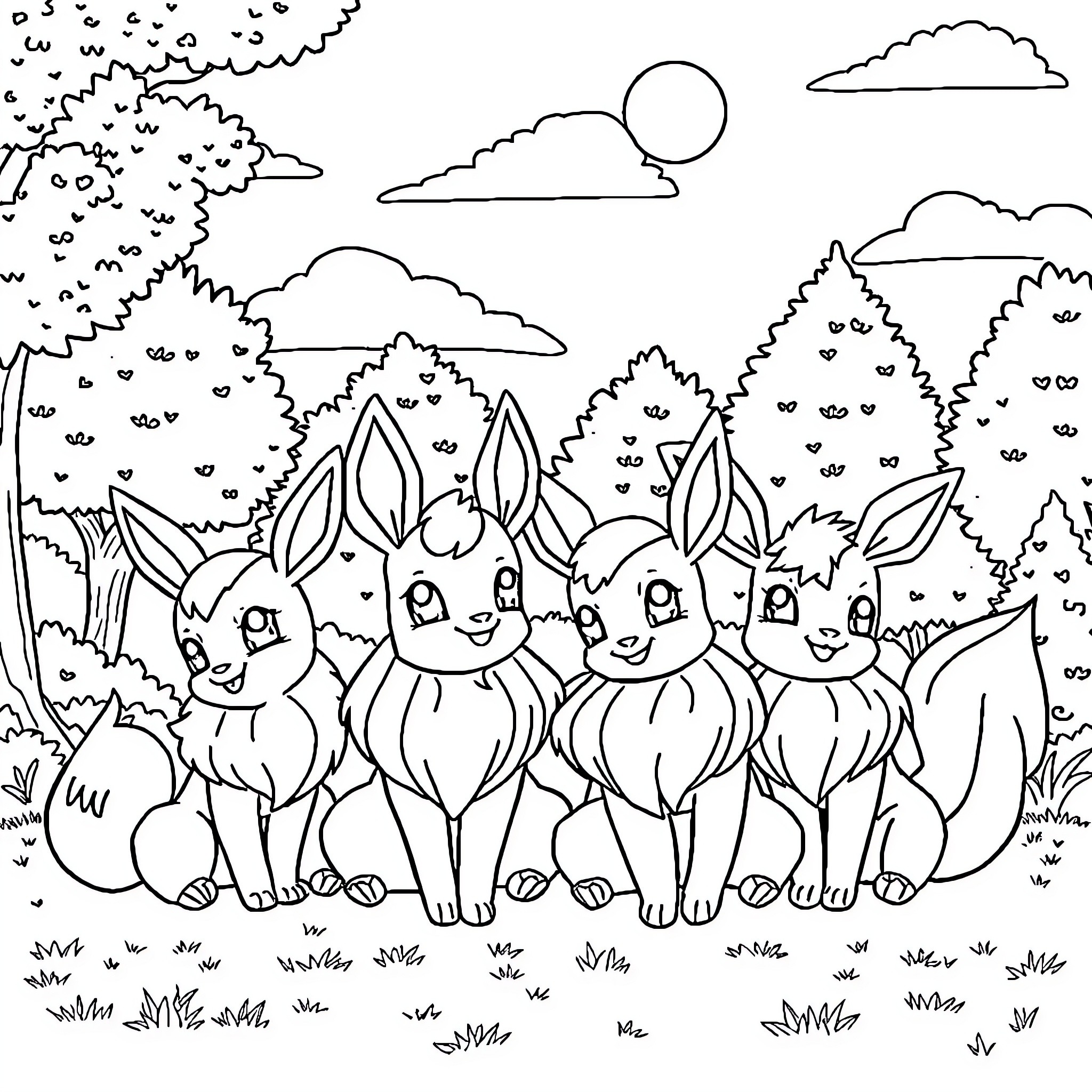 Eevee Enjoying a Peaceful Day in the Forest Coloring Page (free black-and-white line drawing printable PDF for all, from beginners to advanced learners, including children, teens, adults, and seniors)