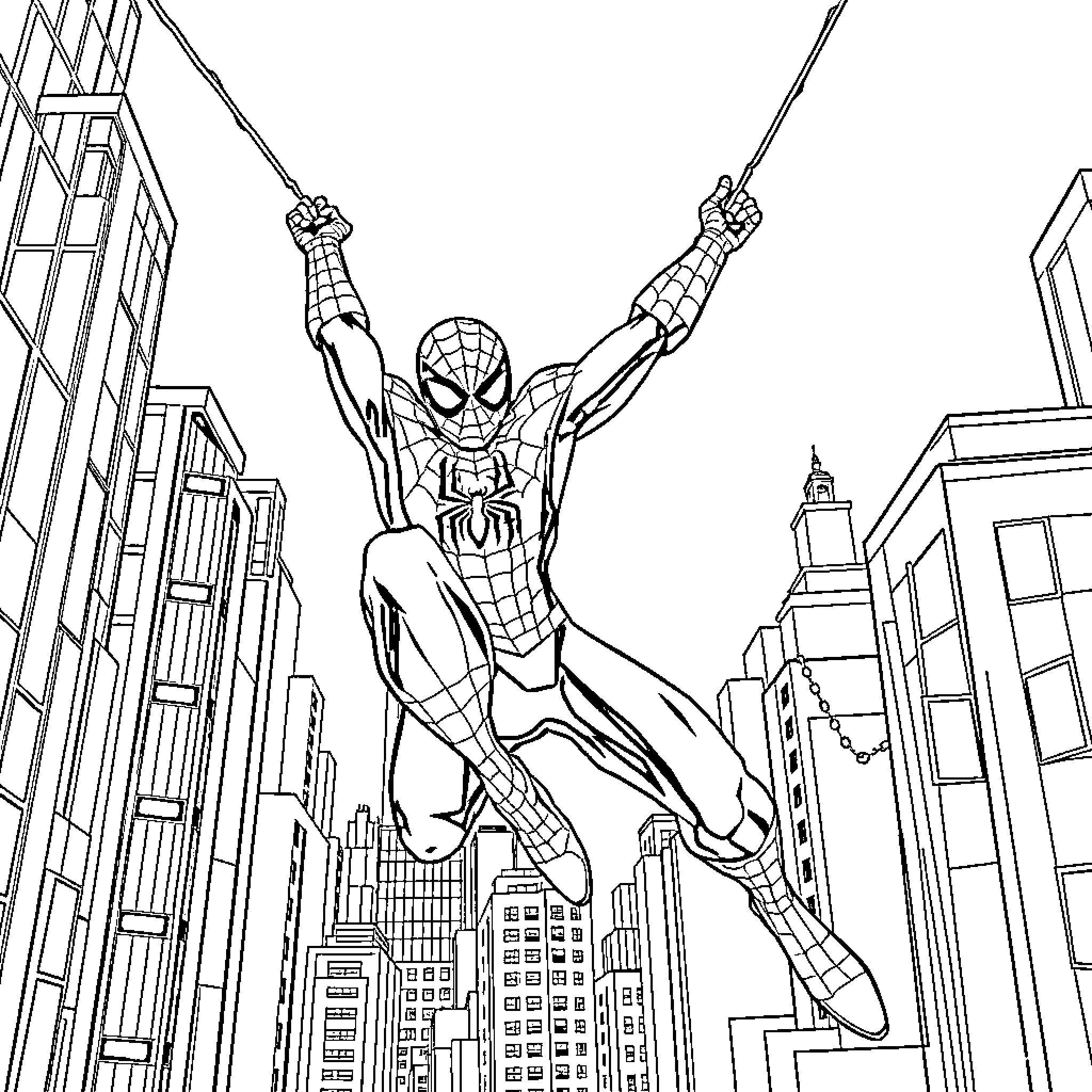 Spiderman swinging through the city skyline Coloring Page (free black-and-white line drawing printable PDF for all, from beginners to advanced learners, including children, teens, adults, and seniors)