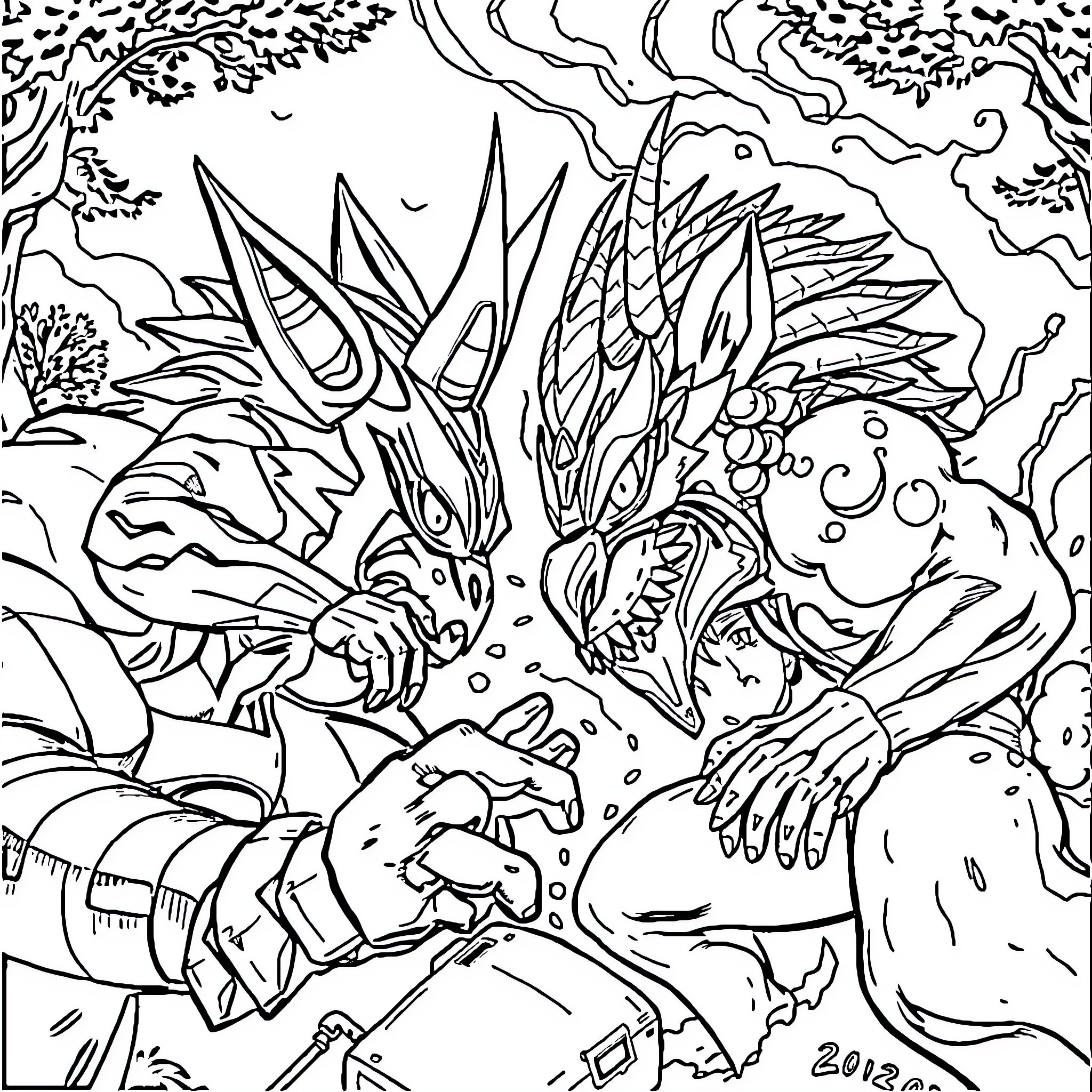 Kokobi's Journey Through the Enchanted Forest Coloring Page (free black-and-white line drawing printable PDF for all, from beginners to advanced learners, including children, teens, adults, and seniors)