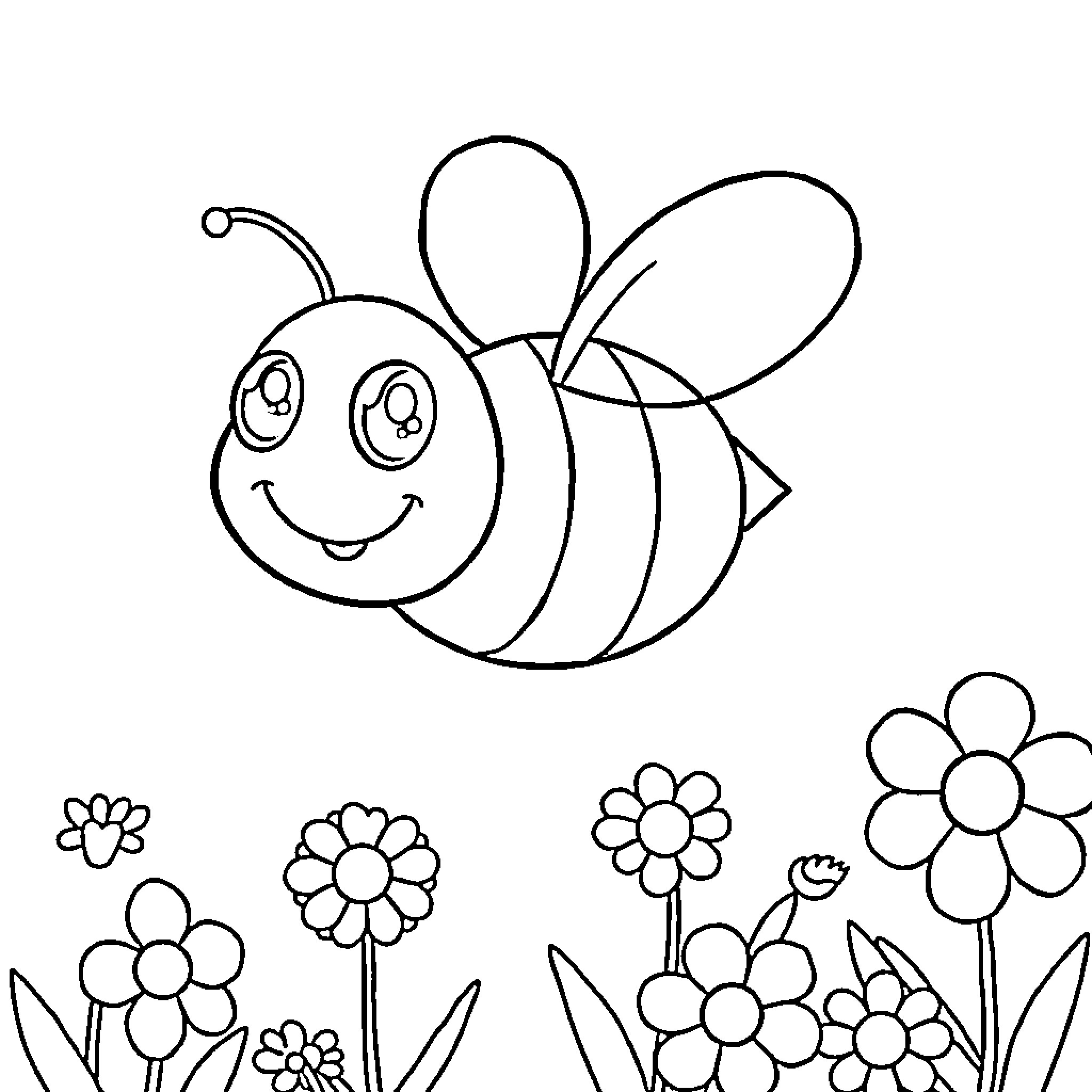 Bee flying joyfully amid colorful flowers Coloring Page (free black-and-white line drawing printable PDF for all, from beginners to advanced learners, including children, teens, adults, and seniors)