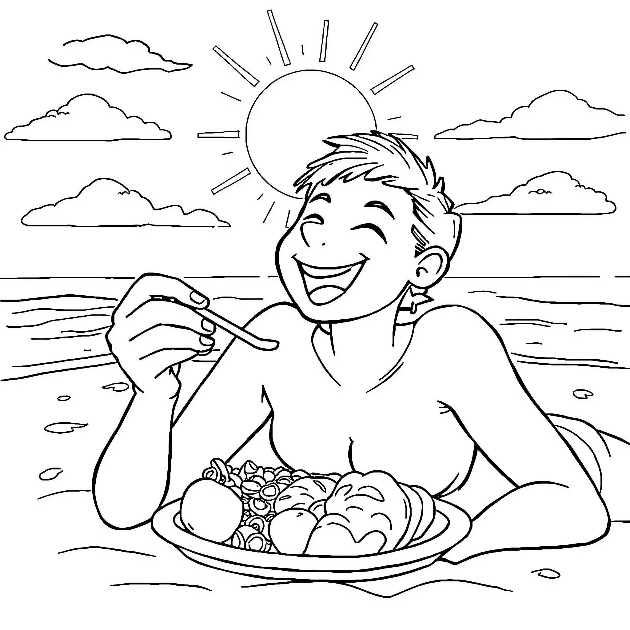 Throat a joyful meal under the sun Coloring Page (free black-and-white line drawing printable PDF for all, from beginners to advanced learners, including children, teens, adults, and seniors)