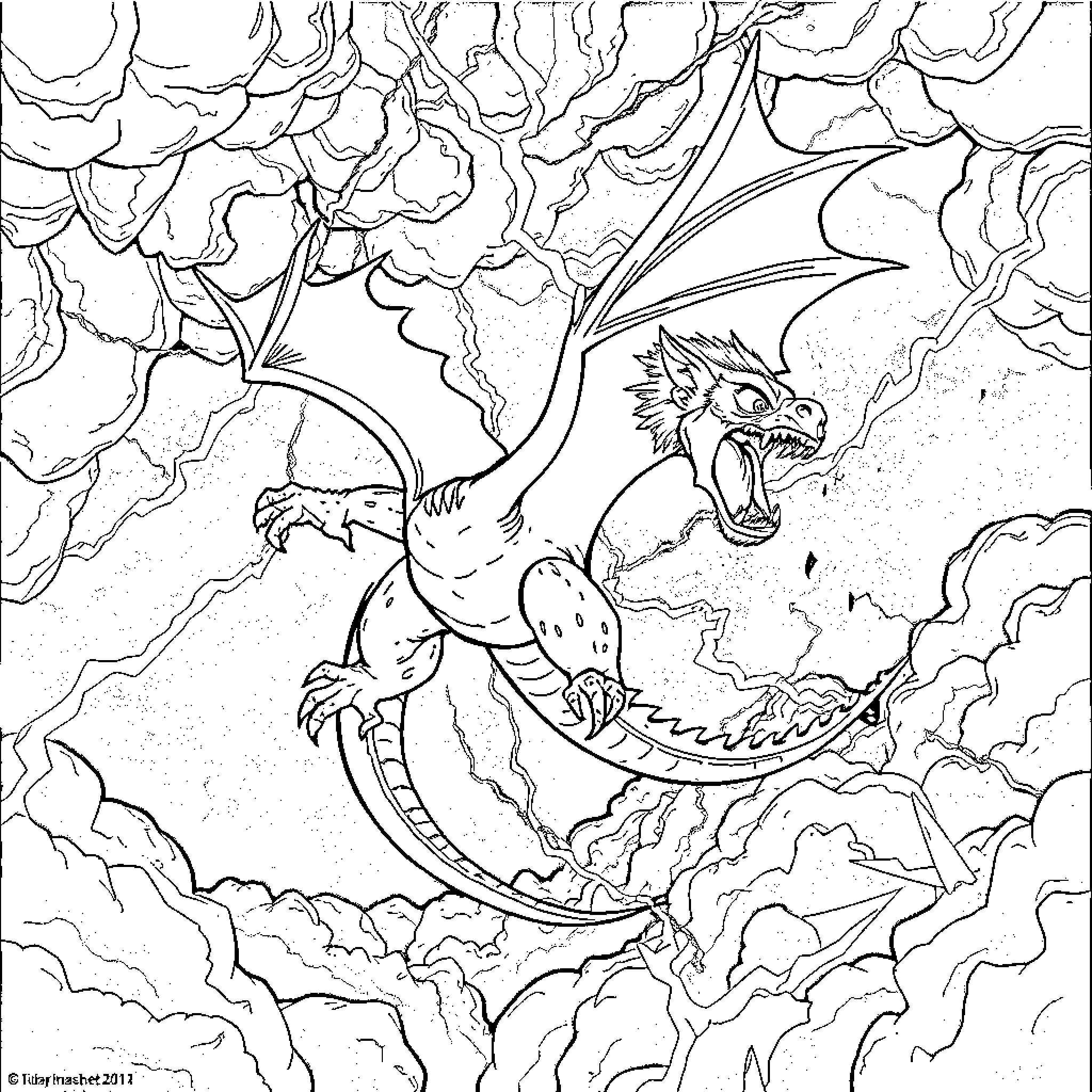 Monkey Dragon battling through stormy skies Coloring Page (free black-and-white line drawing printable PDF for all, from beginners to advanced learners, including children, teens, adults, and seniors)