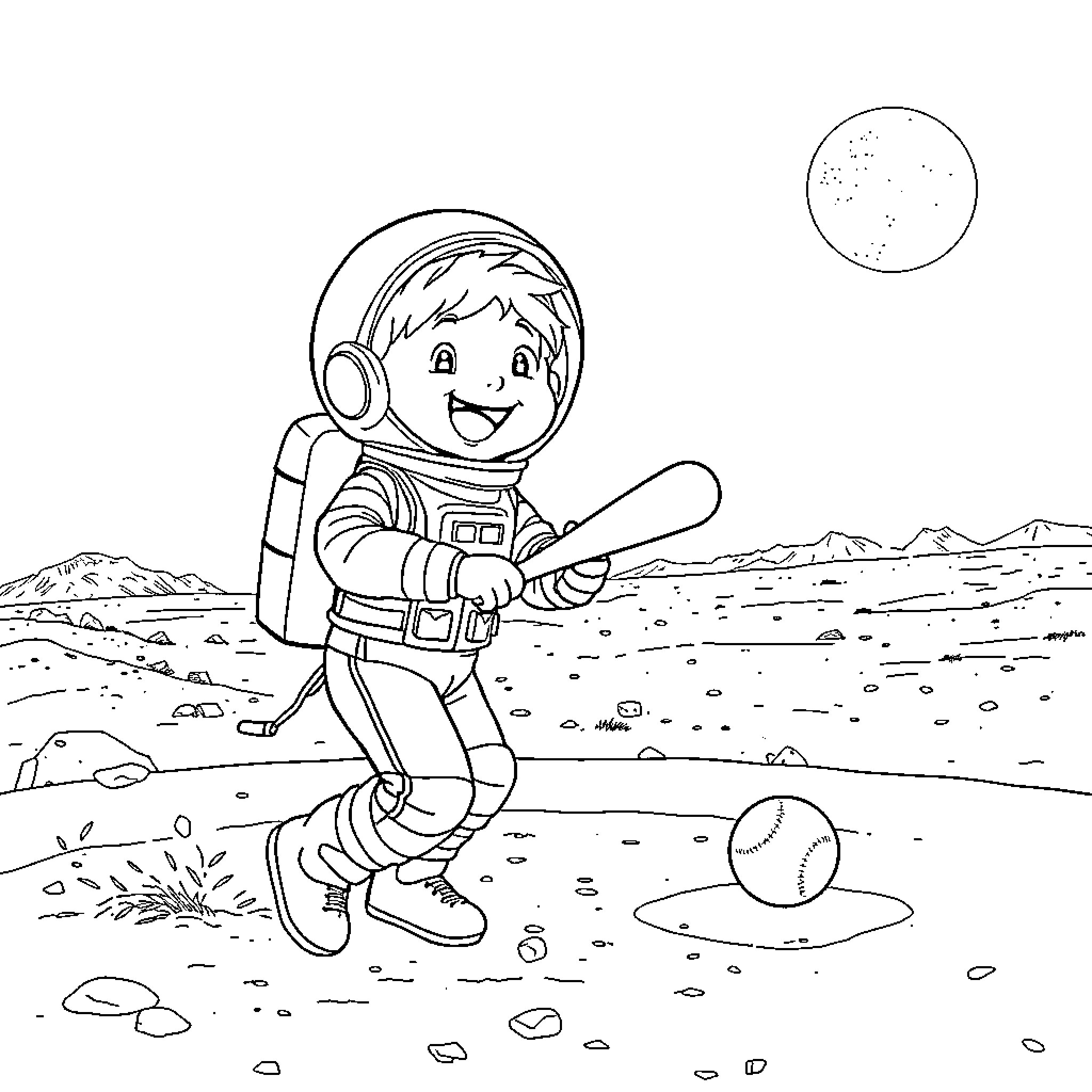 Kid playing happily with baseball on alien planet Coloring Page (free black-and-white line drawing printable PDF for all, from beginners to advanced learners, including children, teens, adults, and seniors)