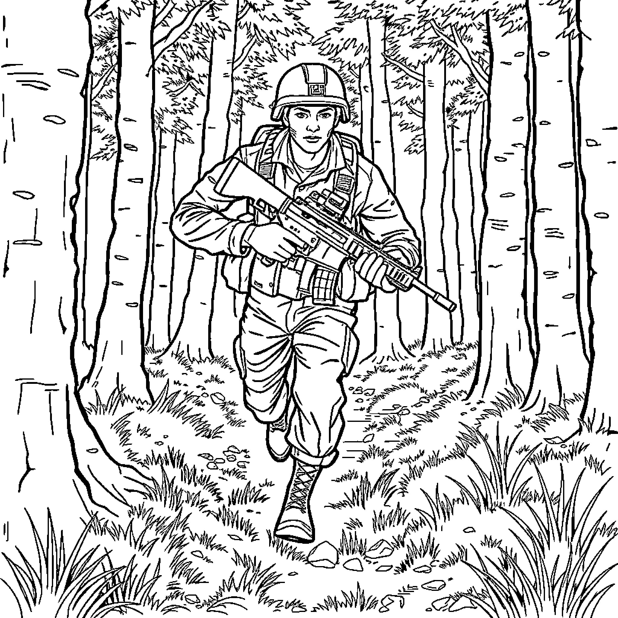 Army Man Advancing Through Forest Terrain Coloring Page (free black-and-white line drawing printable PDF for all, from beginners to advanced learners, including children, teens, adults, and seniors)