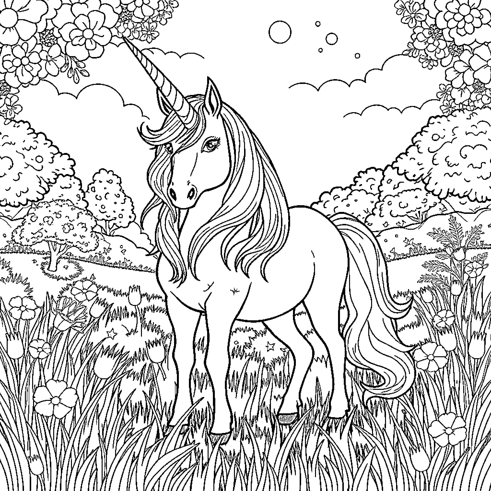 Unicorn standing majestic in a whimsical meadow Coloring Page (free black-and-white line drawing printable PDF for all, from beginners to advanced learners, including children, teens, adults, and seniors)