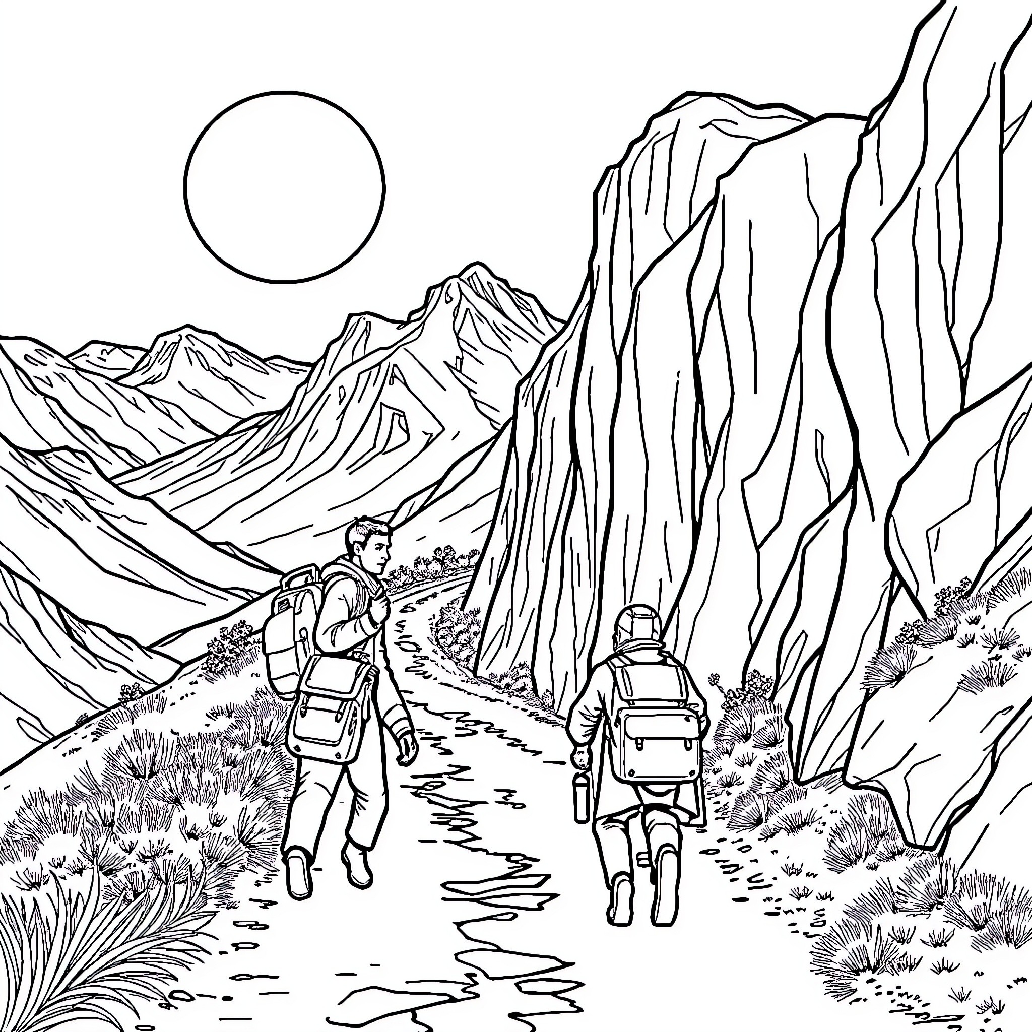 Pastime in the Mountainous Wilderness Coloring Page (free black-and-white line drawing printable PDF for all, from beginners to advanced learners, including children, teens, adults, and seniors)