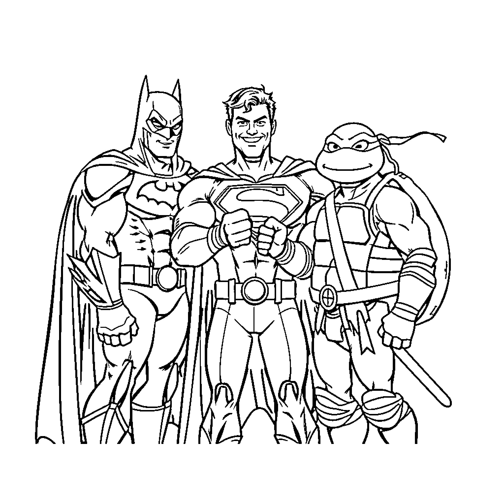 Batman, Superman, and Ninja Turtle heroic trio Coloring Page (free black-and-white line drawing printable PDF for all, from beginners to advanced learners, including children, teens, adults, and seniors)