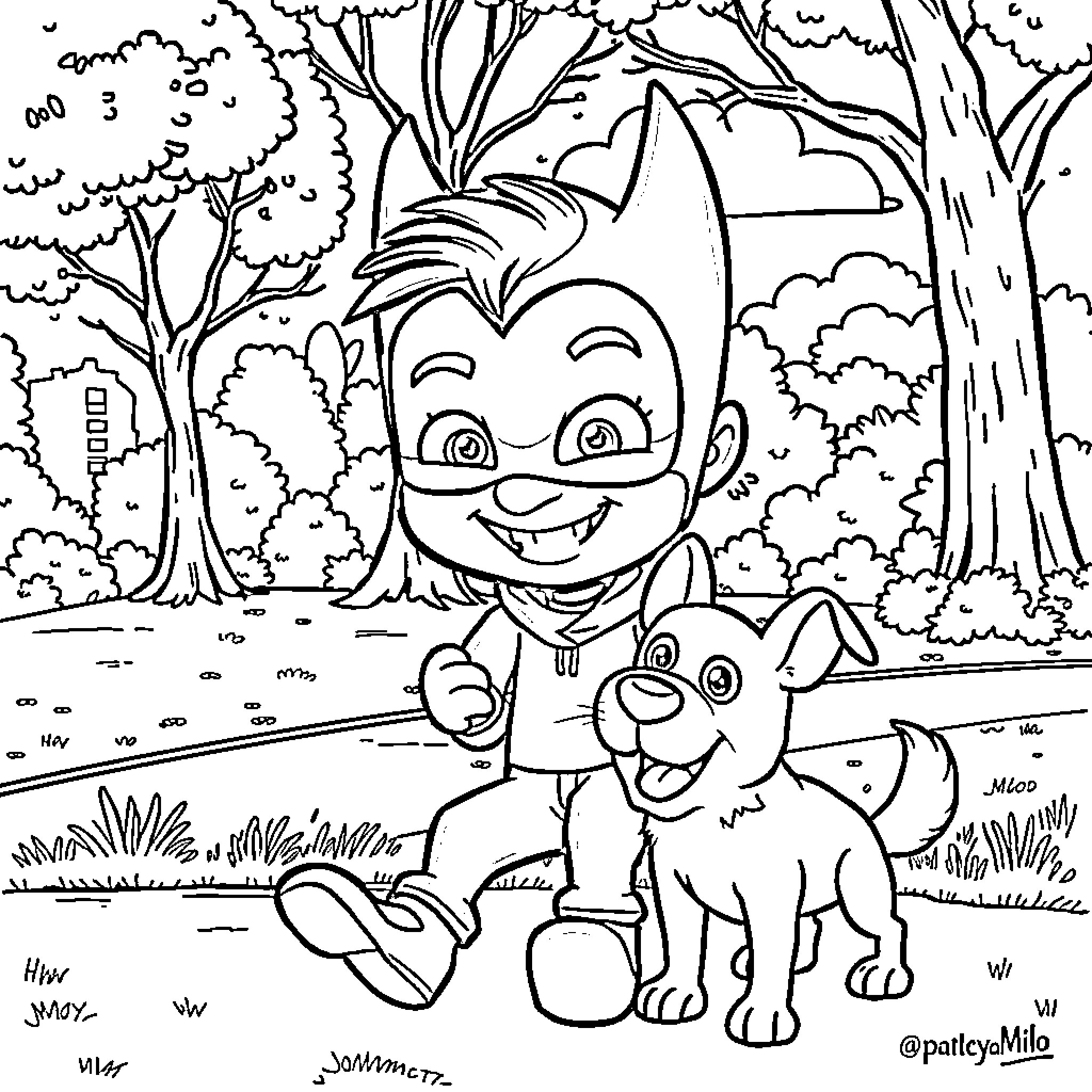 Mask Wearing Child Strolling with Puppy in Nature Coloring Page (free black-and-white line drawing printable PDF for all, from beginners to advanced learners, including children, teens, adults, and seniors)