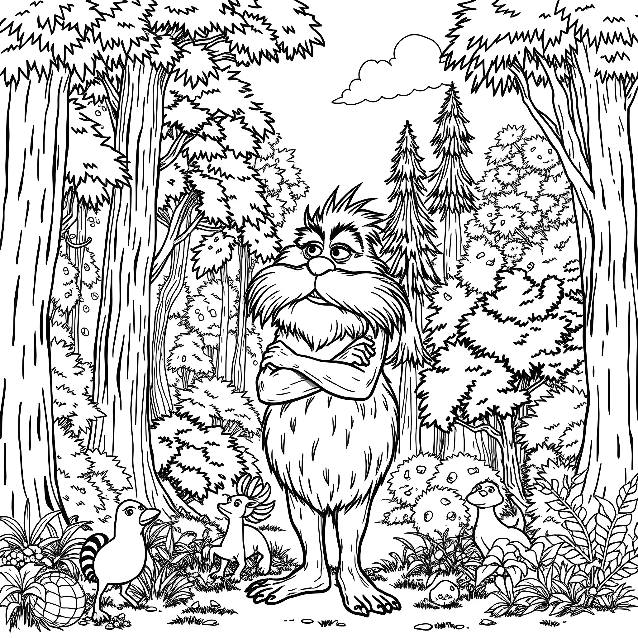 Lorax in the Enchanted Forest Coloring Page (free black-and-white line drawing printable PDF for all, from beginners to advanced learners, including children, teens, adults, and seniors)
