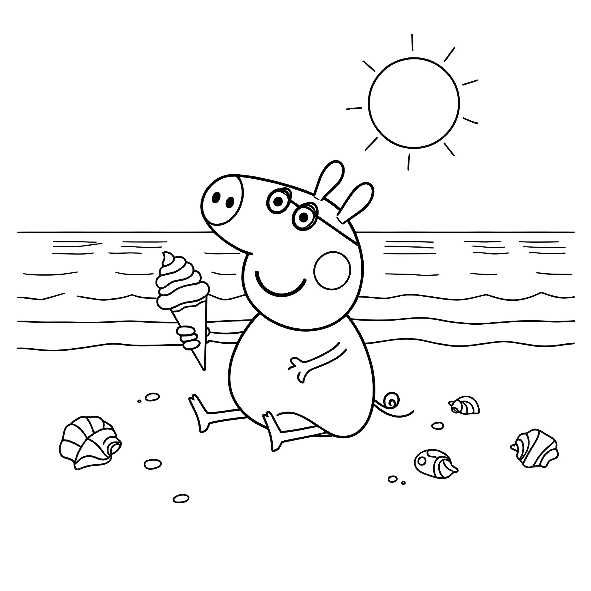 Peppa Pig enjoying ice cream at the beach Coloring Page (free black-and-white line drawing printable PDF for all, from beginners to advanced learners, including children, teens, adults, and seniors)
