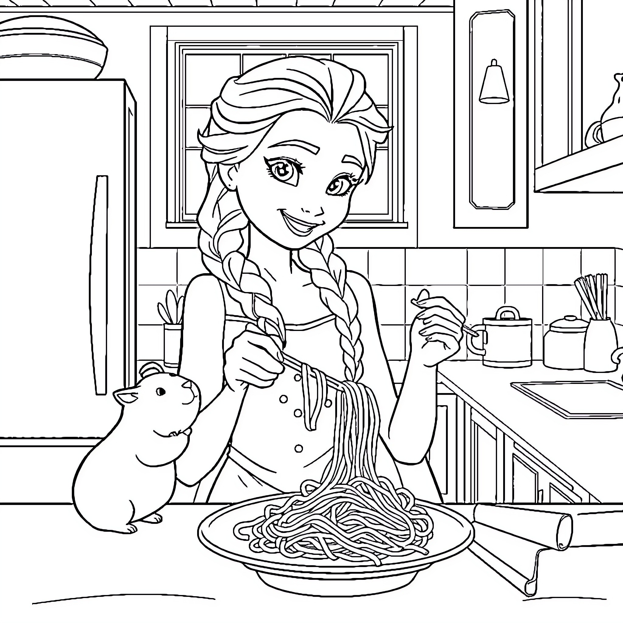 Elsa Preparing a Meal in the Kitchen Coloring Page (free black-and-white line drawing printable PDF for all, from beginners to advanced learners, including children, teens, adults, and seniors)