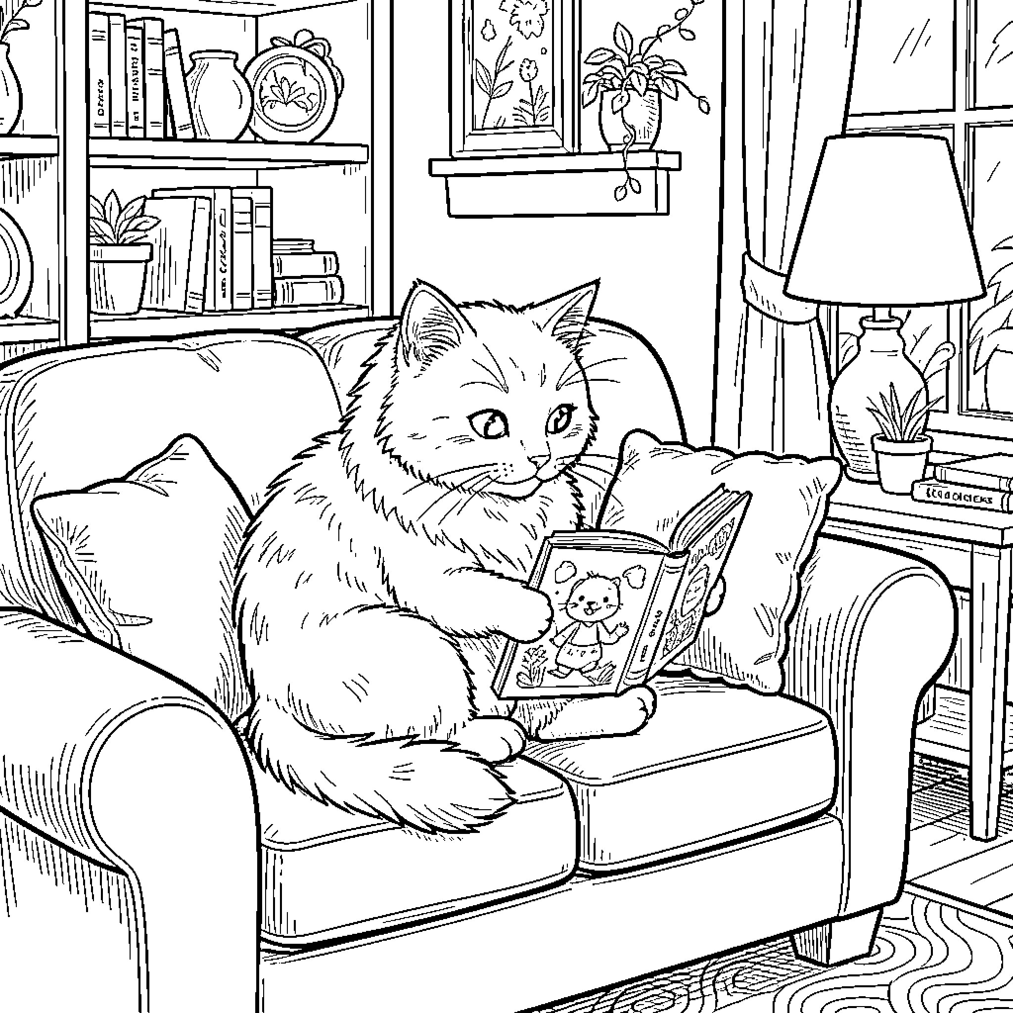 Cat relaxing and reading in cozy home Coloring Page (free black-and-white line drawing printable PDF for all, from beginners to advanced learners, including children, teens, adults, and seniors)