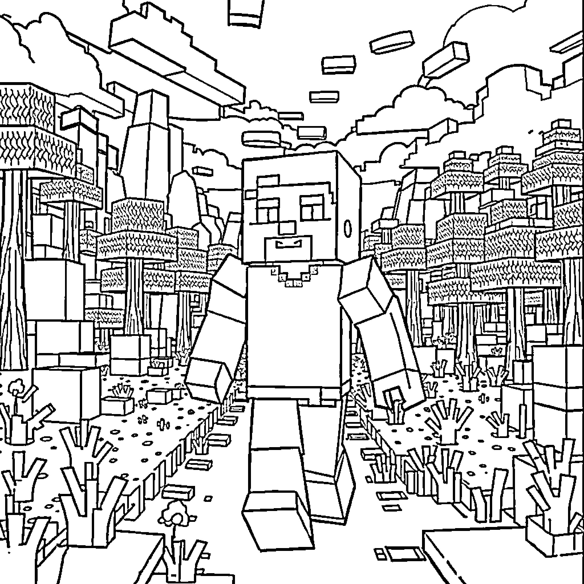 Steve's Dystopian Adventure in the Geometric Cityscape Coloring Page (free black-and-white line drawing printable PDF for all, from beginners to advanced learners, including children, teens, adults, and seniors)