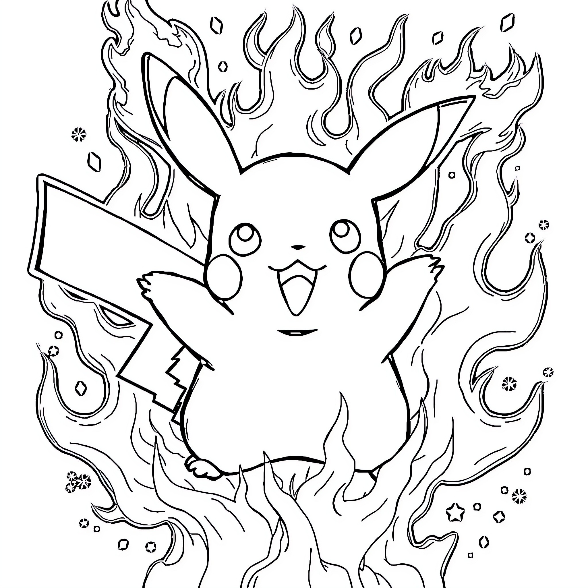 Pikachu surrounded by mystical flames Coloring Page (free black-and-white line drawing printable PDF for all, from beginners to advanced learners, including children, teens, adults, and seniors)