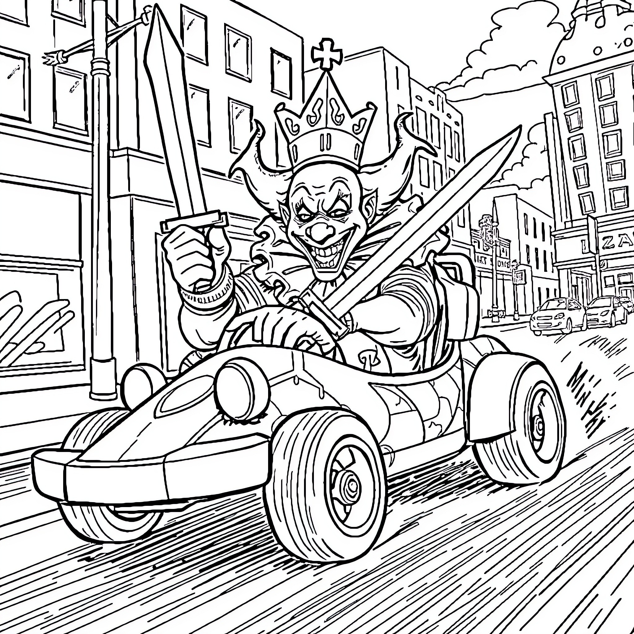 Clown riding a crazy car in the city Coloring Page (free black-and-white line drawing printable PDF for all, from beginners to advanced learners, including children, teens, adults, and seniors)