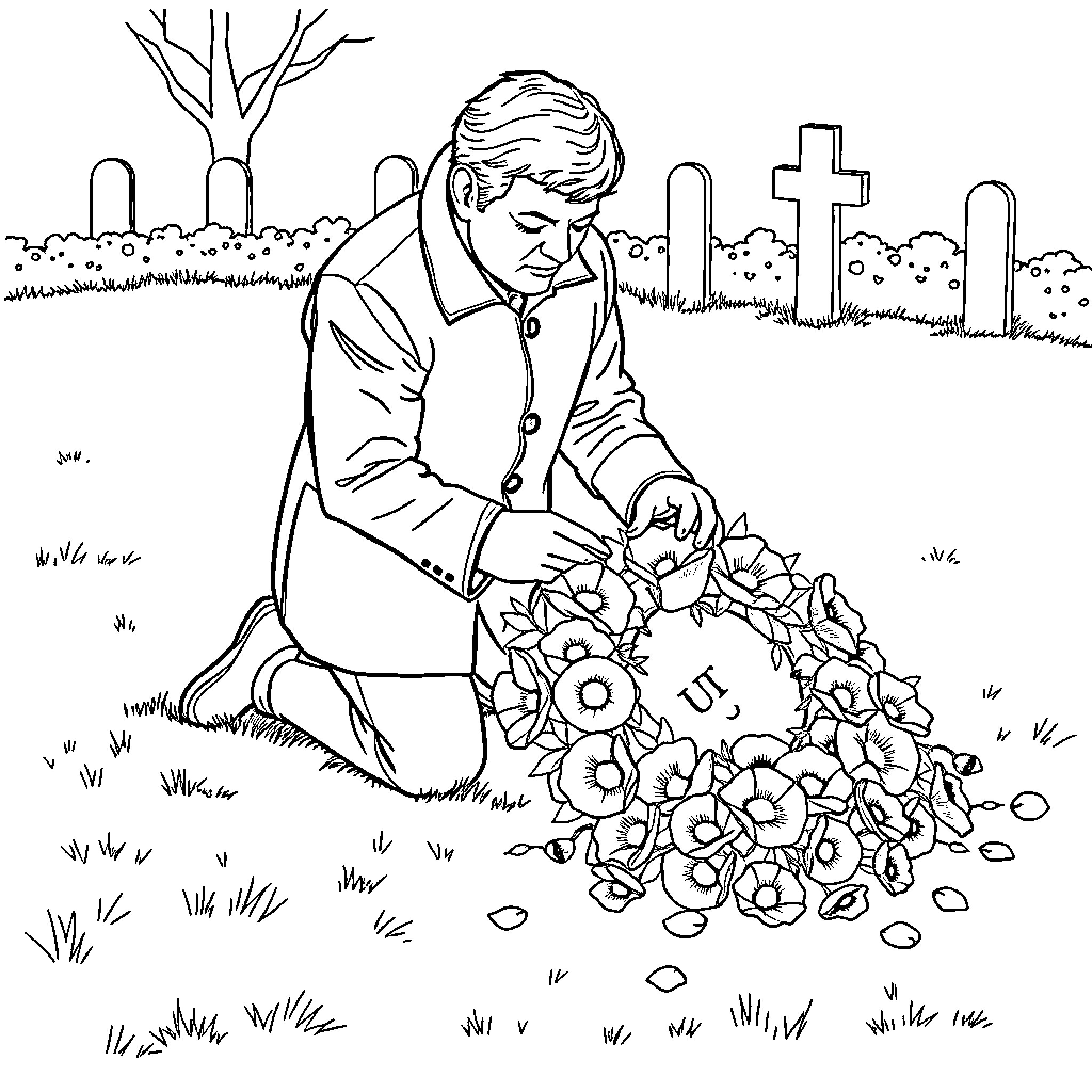 Columbo tending to a floral arrangement in a cemetery Coloring Page (free black-and-white line drawing printable PDF for all, from beginners to advanced learners, including children, teens, adults, and seniors)
