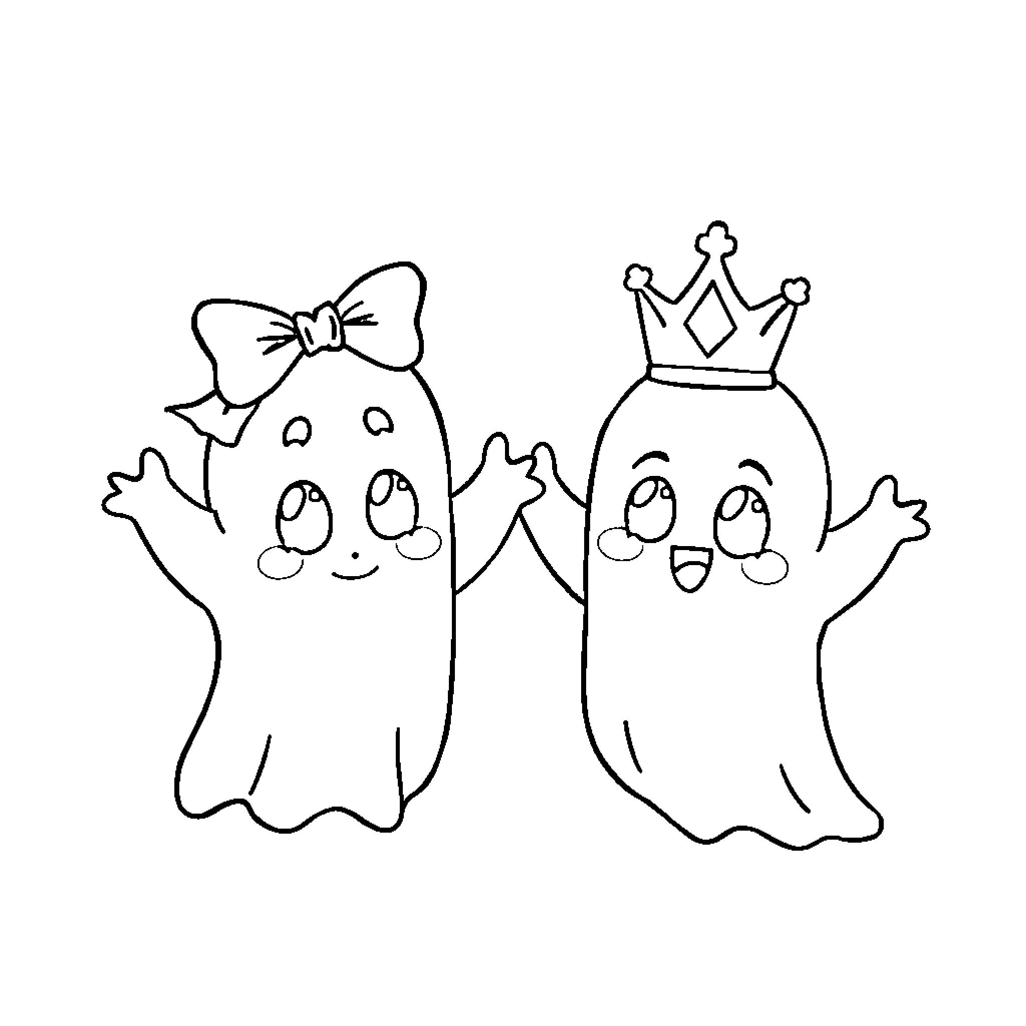 Ghost duo in festive attire Coloring Page (free black-and-white line drawing printable PDF for all, from beginners to advanced learners, including children, teens, adults, and seniors)