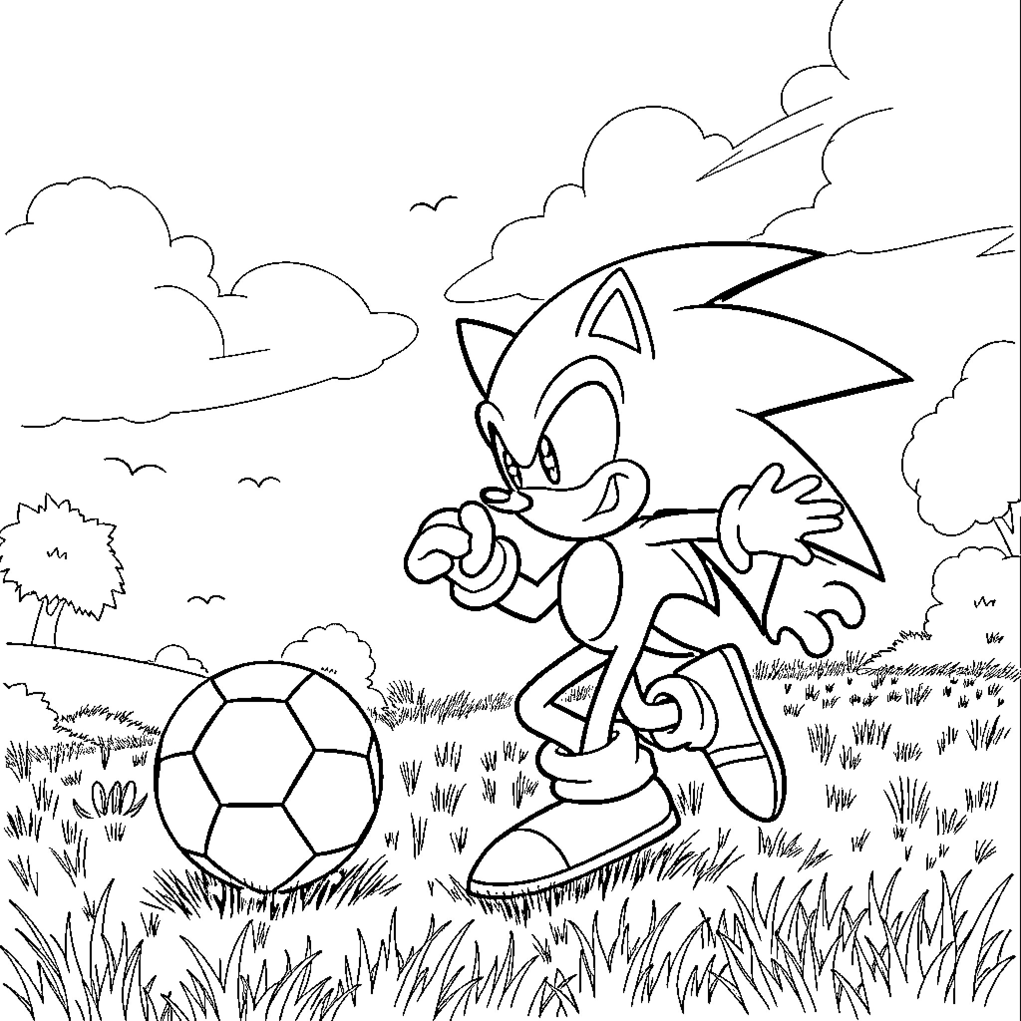 Sonic playing with soccer ball in nature Coloring Page (free black-and-white line drawing printable PDF for all, from beginners to advanced learners, including children, teens, adults, and seniors)