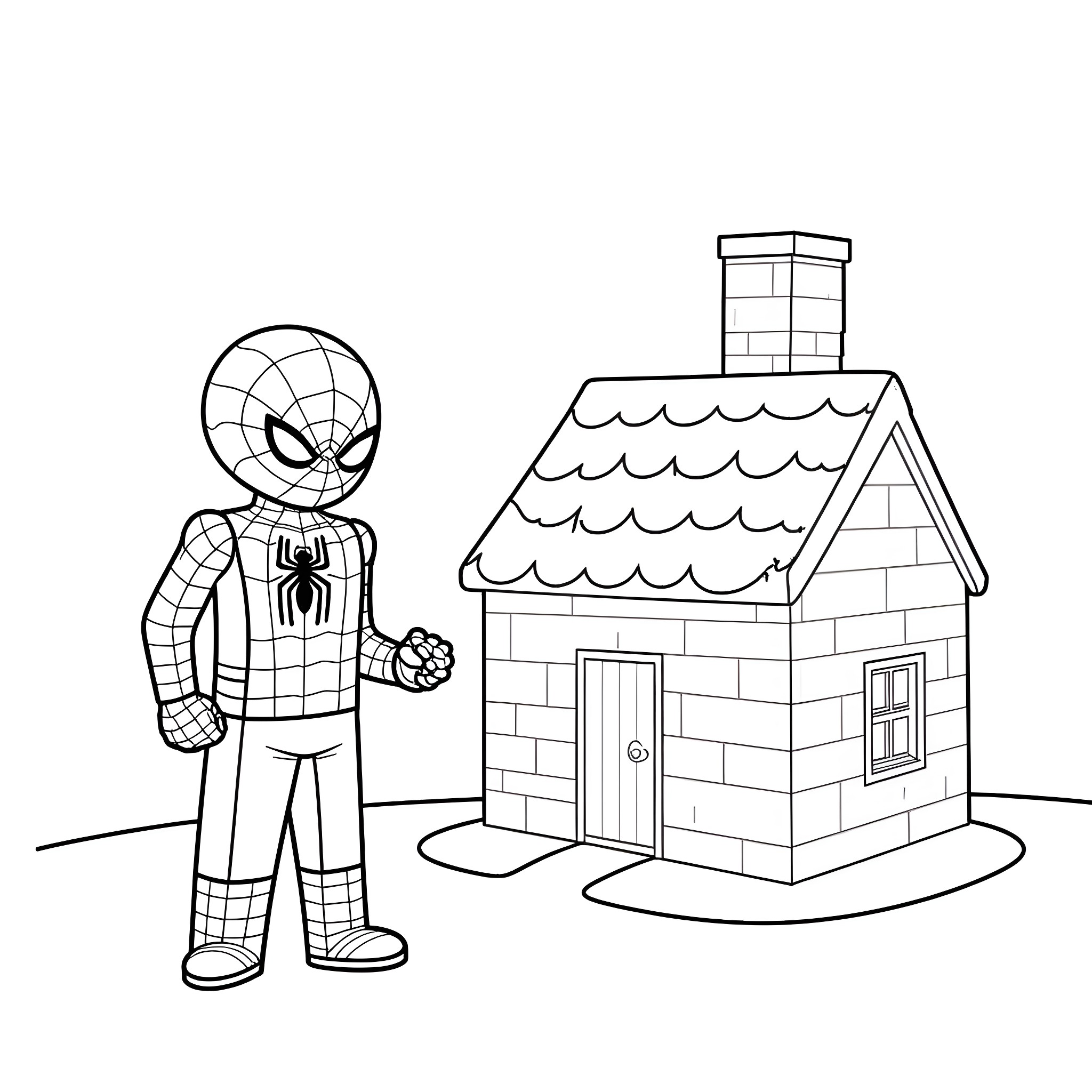 Spiderman standing near a cozy cottage Coloring Page (free black-and-white line drawing printable PDF for all, from beginners to advanced learners, including children, teens, adults, and seniors)
