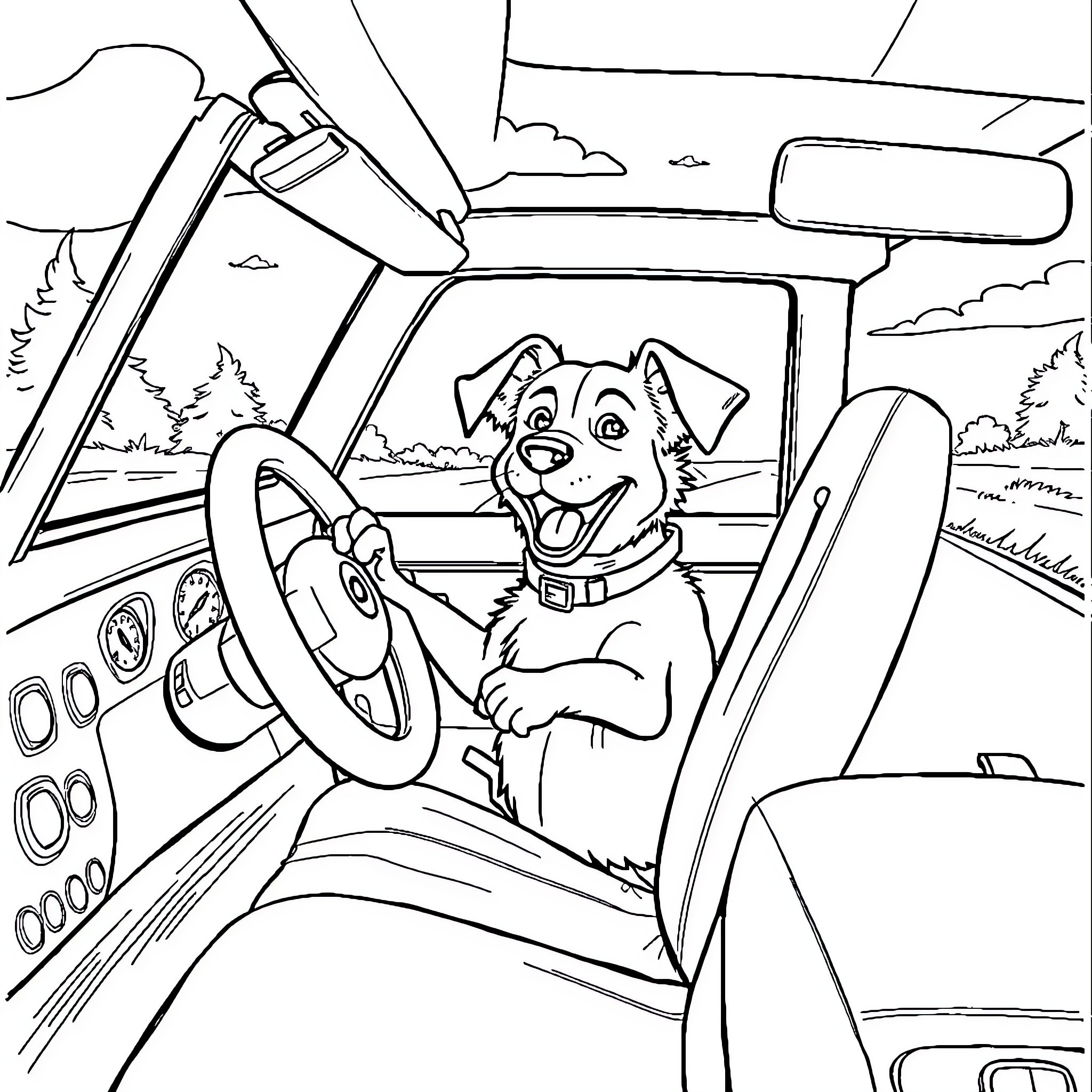 Dog driving a car on the road Coloring Page (free black-and-white line drawing printable PDF for all, from beginners to advanced learners, including children, teens, adults, and seniors)
