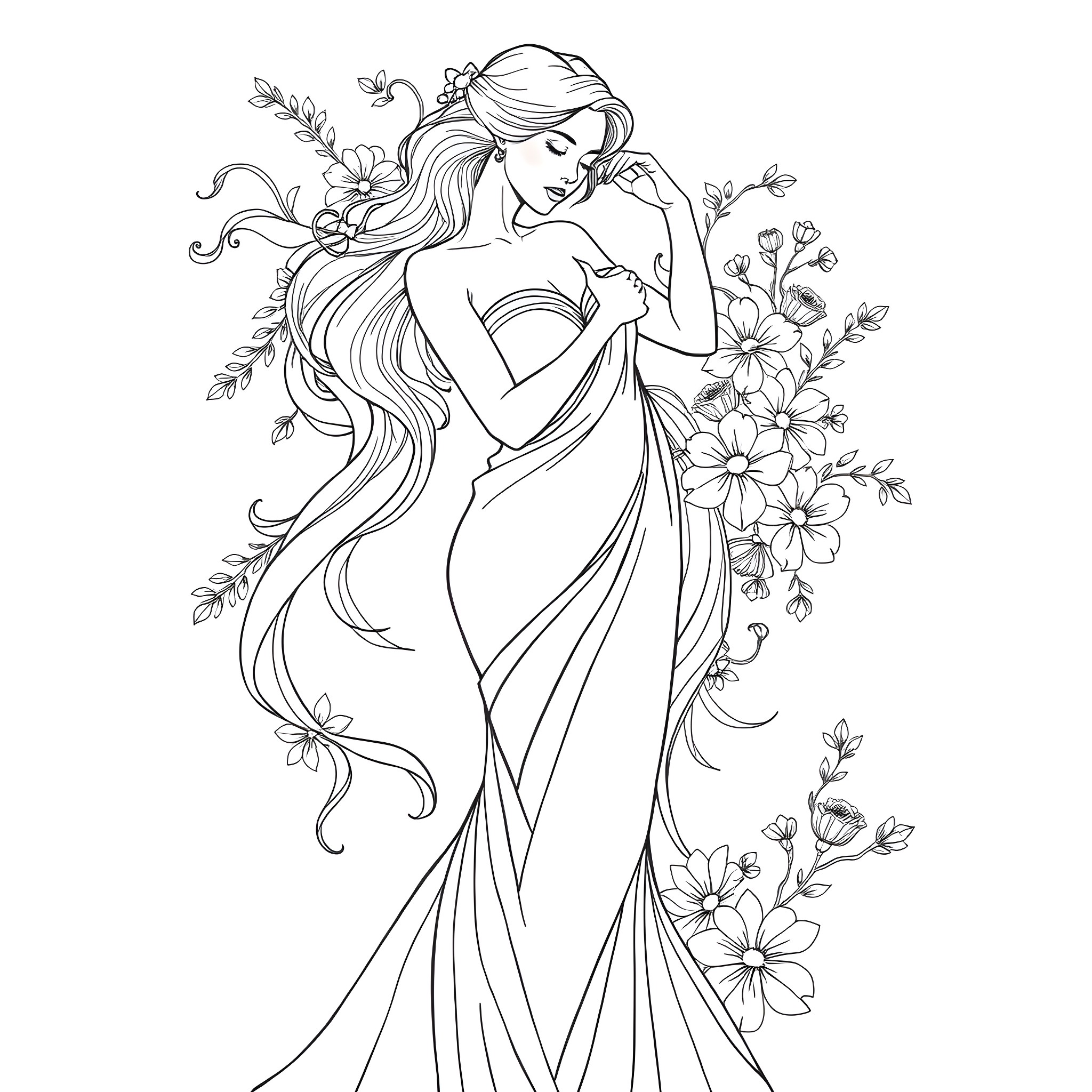 Woman in Flowing Dress with Floral Accents Coloring Page (free black-and-white line drawing printable PDF for all, from beginners to advanced learners, including children, teens, adults, and seniors)