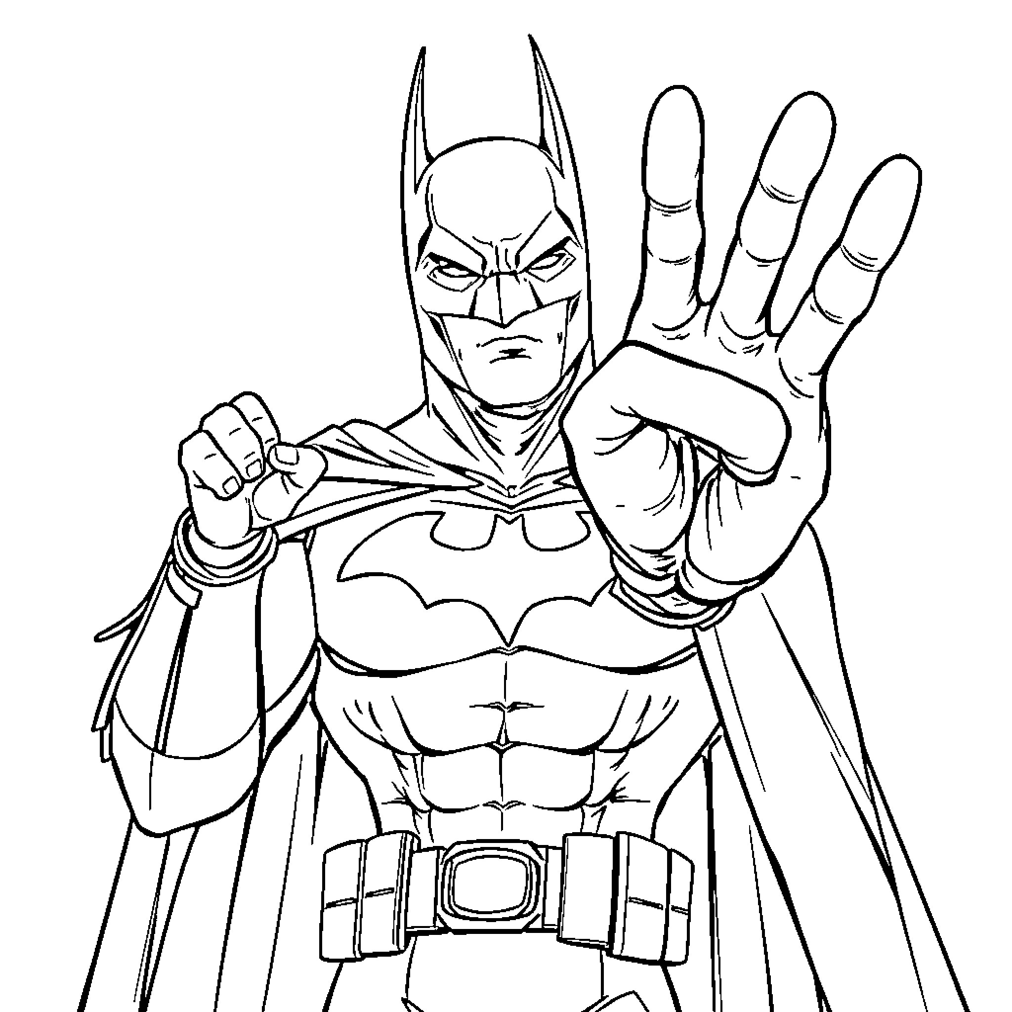Batman in Heroic Pose with Outstretched Hand Coloring Page (free black-and-white line drawing printable PDF for all, from beginners to advanced learners, including children, teens, adults, and seniors)