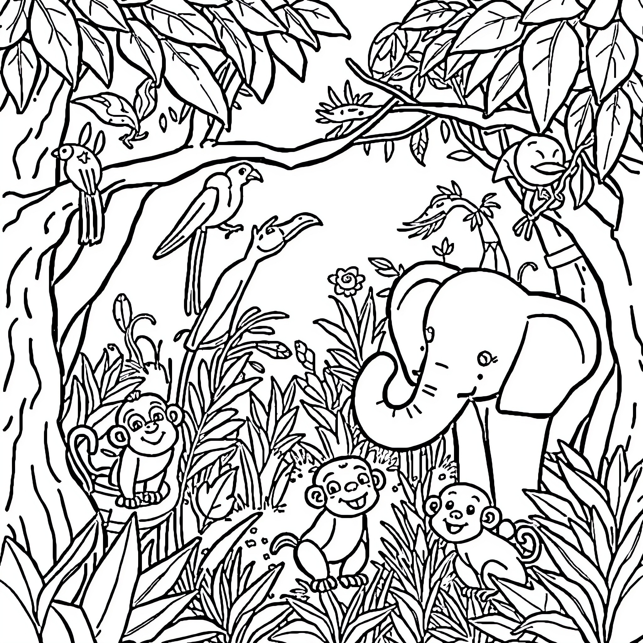 Jungle animals in a lush forest setting Coloring Page (free black-and-white line drawing printable PDF for all, from beginners to advanced learners, including children, teens, adults, and seniors)