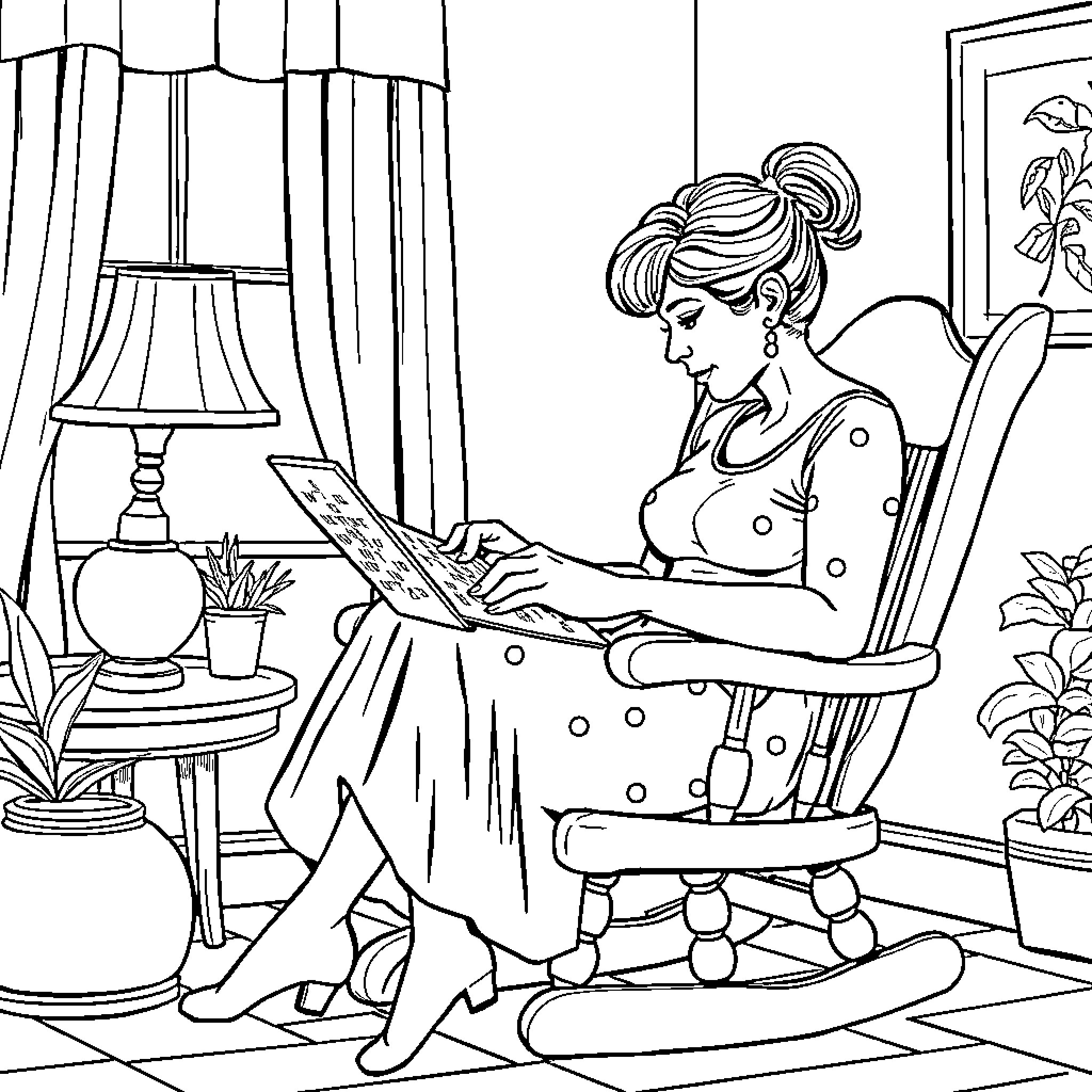 Wife relaxing at home with laptop Coloring Page (free black-and-white line drawing printable PDF for all, from beginners to advanced learners, including children, teens, adults, and seniors)