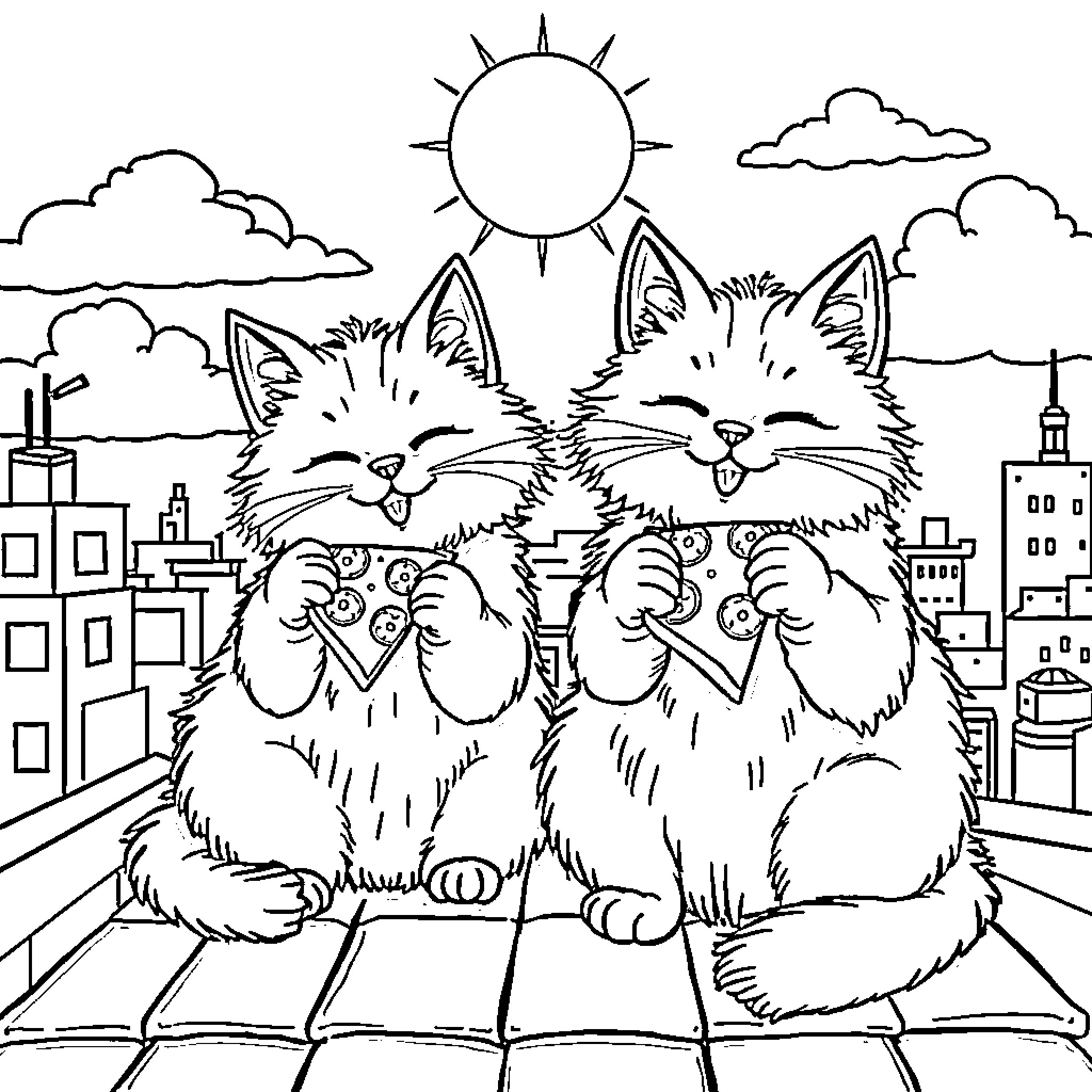 Cat friends enjoying the city view Coloring Page (free black-and-white line drawing printable PDF for all, from beginners to advanced learners, including children, teens, adults, and seniors)