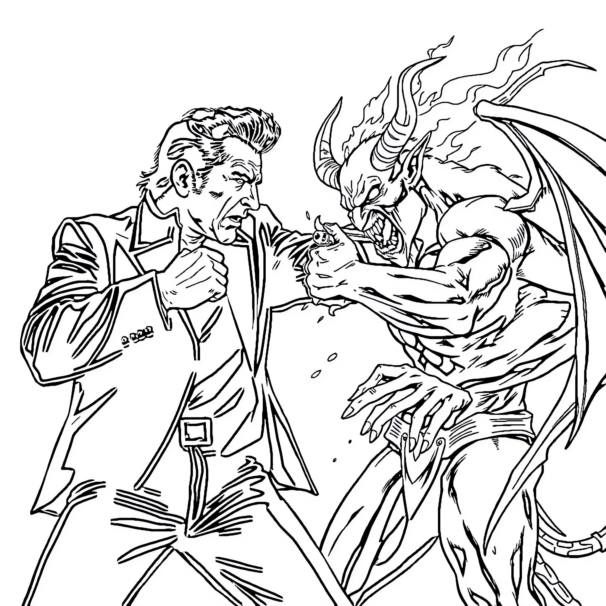 Johnny Cash fighting a ferocious demon in a dramatic scene Coloring Page (free black-and-white line drawing printable PDF for all, from beginners to advanced learners, including children, teens, adults, and seniors)