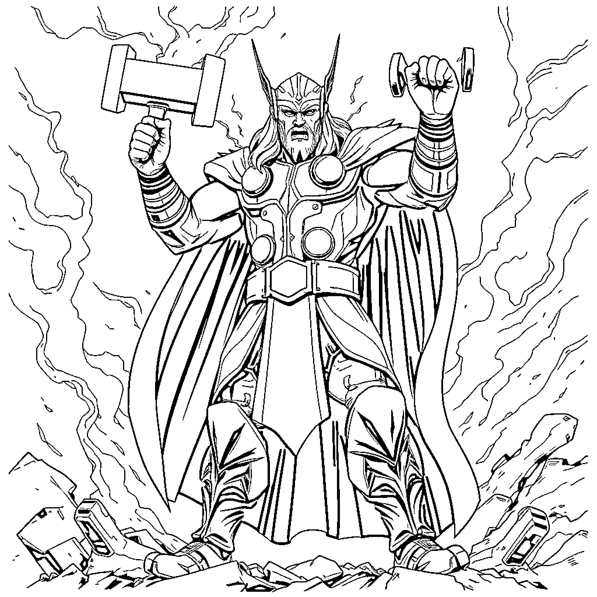 Thor Unleashes Mighty Hammer Amidst Chaos Coloring Page (free black-and-white line drawing printable PDF for all, from beginners to advanced learners, including children, teens, adults, and seniors)