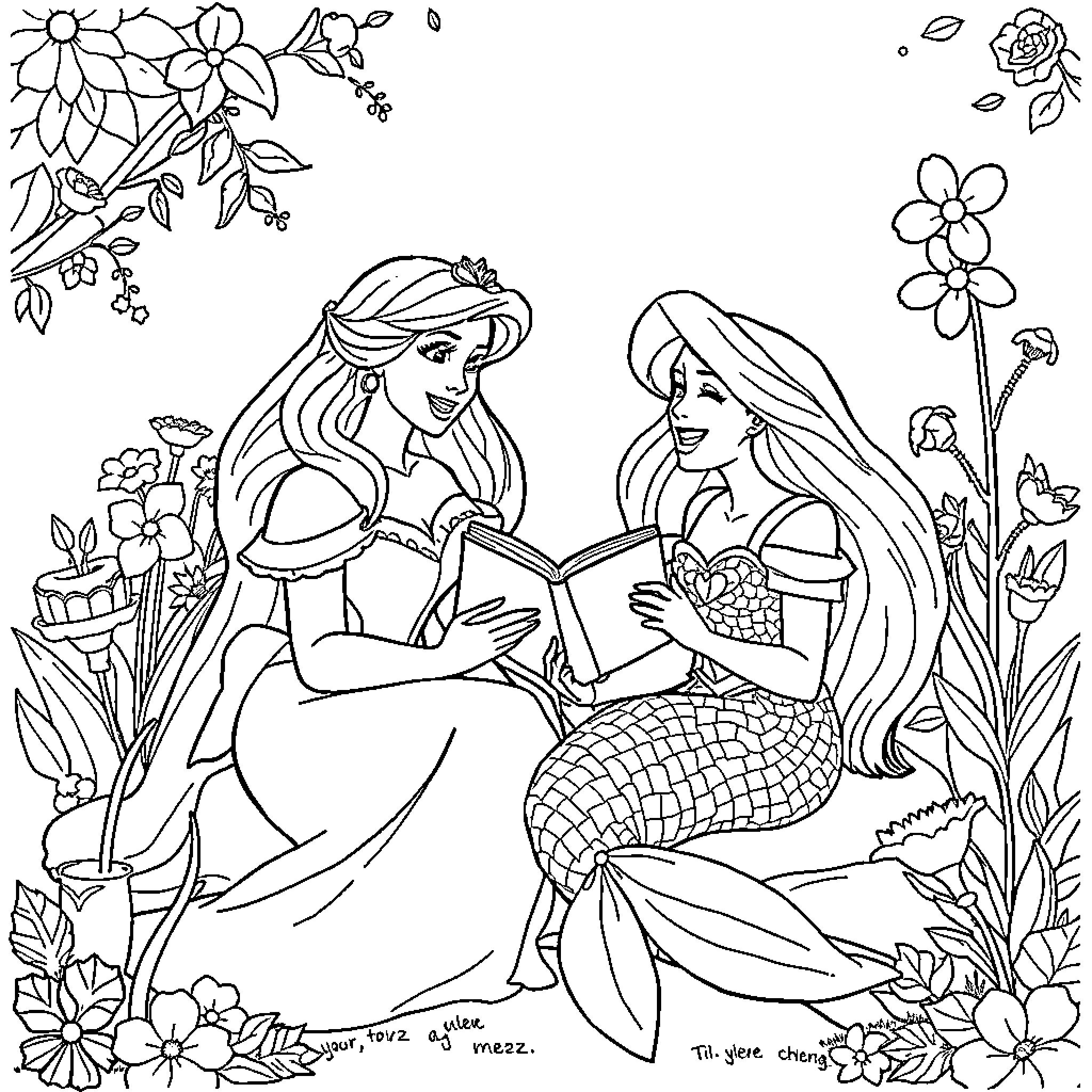 Sleeping Beauty Reading with Mermaid Friend Coloring Page (free black-and-white line drawing printable PDF for all, from beginners to advanced learners, including children, teens, adults, and seniors)