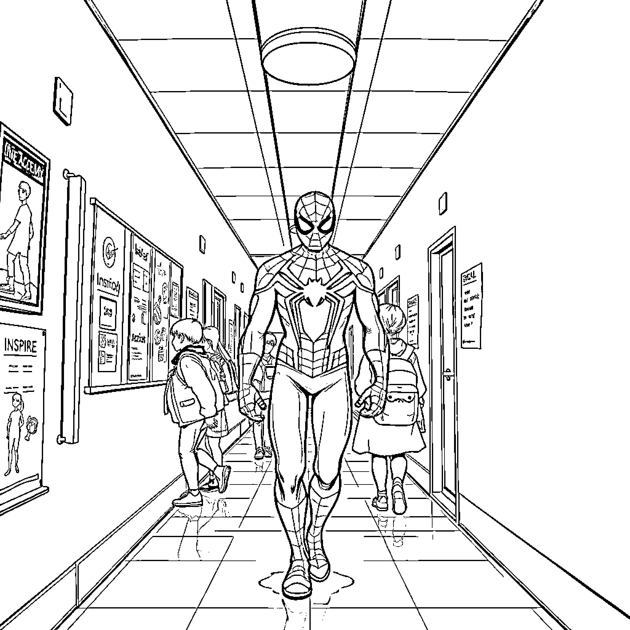 Spiderman walking through the school hallway Coloring Page (free black-and-white line drawing printable PDF for all, from beginners to advanced learners, including children, teens, adults, and seniors)