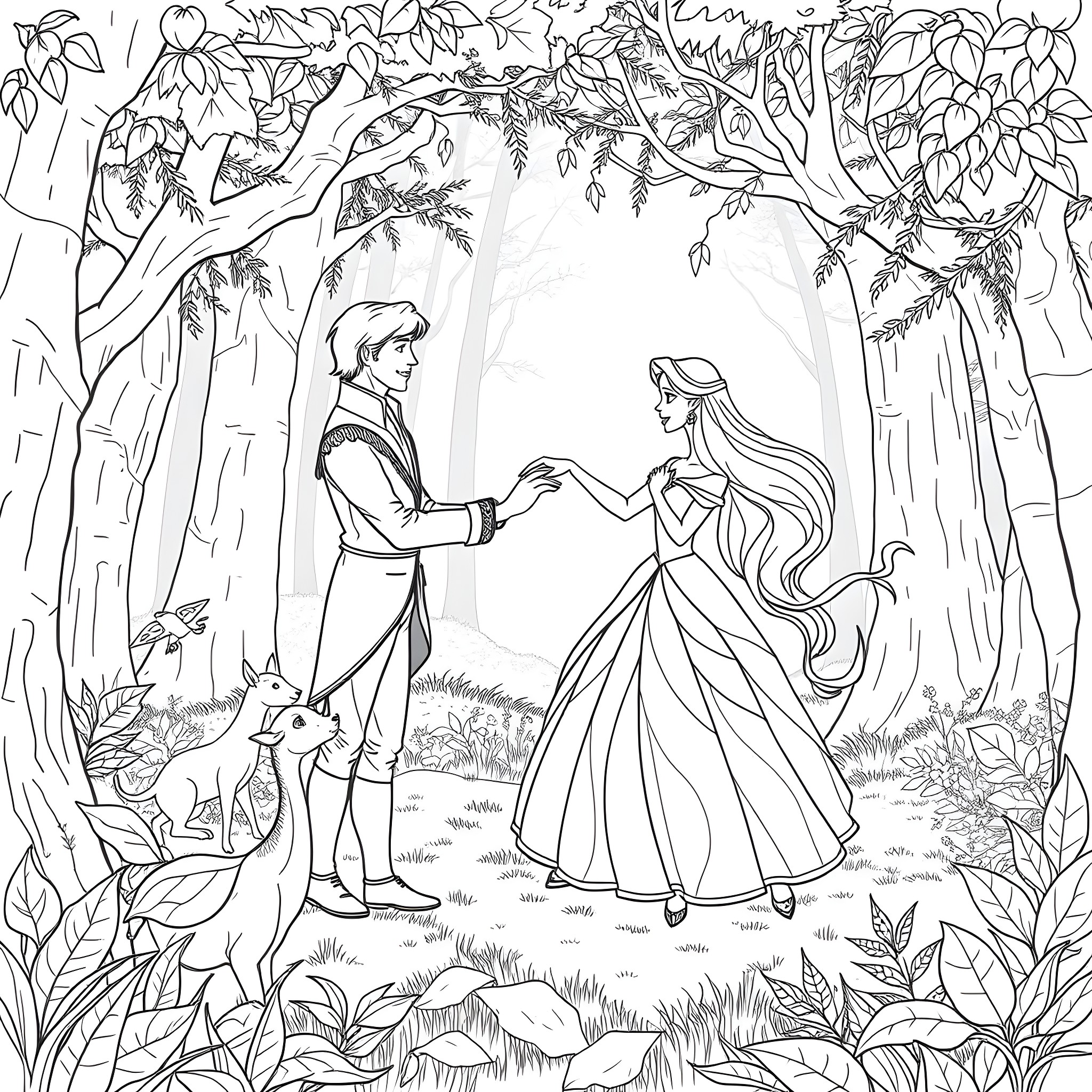 Aurora's Enchanted Forest Tale Coloring Page (free black-and-white line drawing printable PDF for all, from beginners to advanced learners, including children, teens, adults, and seniors)