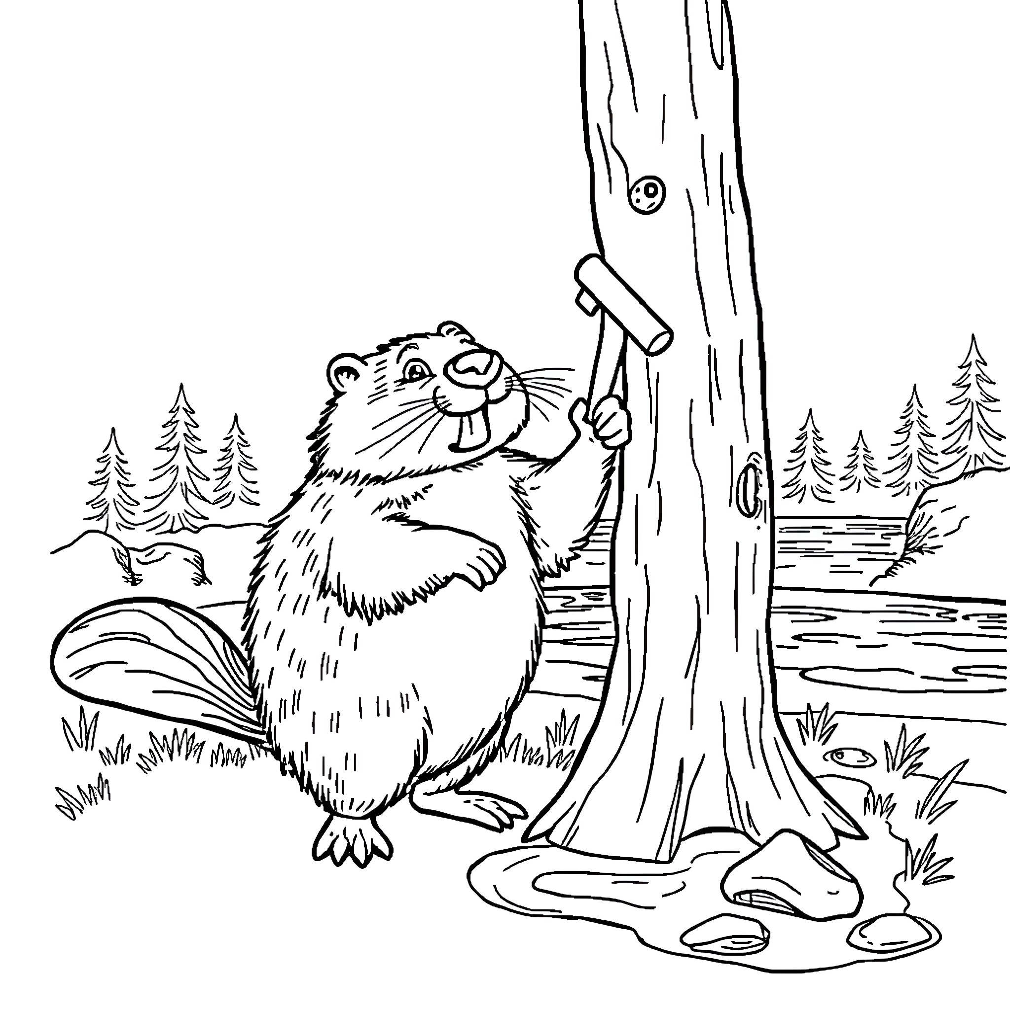 Beaver chewing on tree in forest landscape Coloring Page (free black-and-white line drawing printable PDF for all, from beginners to advanced learners, including children, teens, adults, and seniors)
