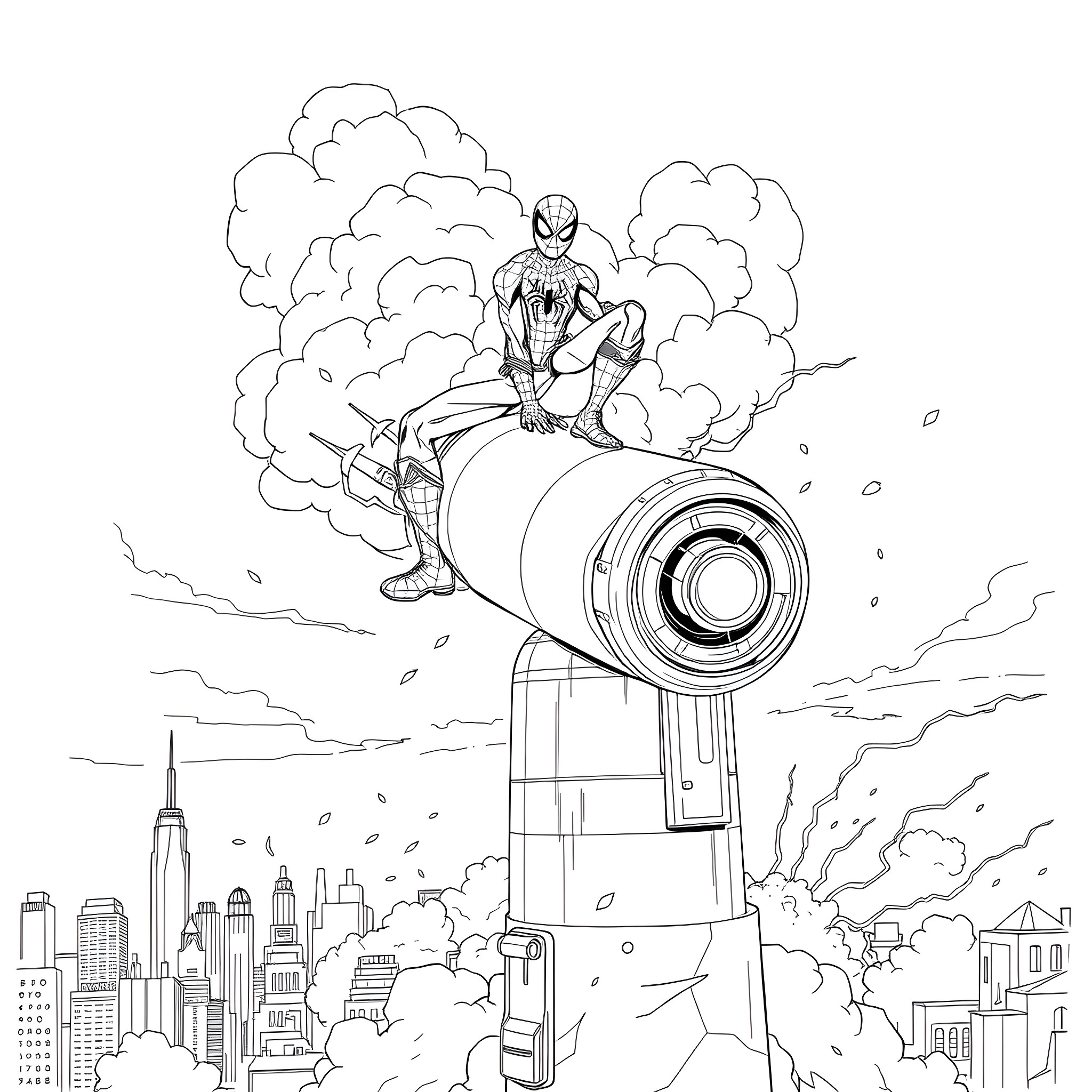 Spider-Man swinging through the city with heroic action Coloring Page (free black-and-white line drawing printable PDF for all, from beginners to advanced learners, including children, teens, adults, and seniors)