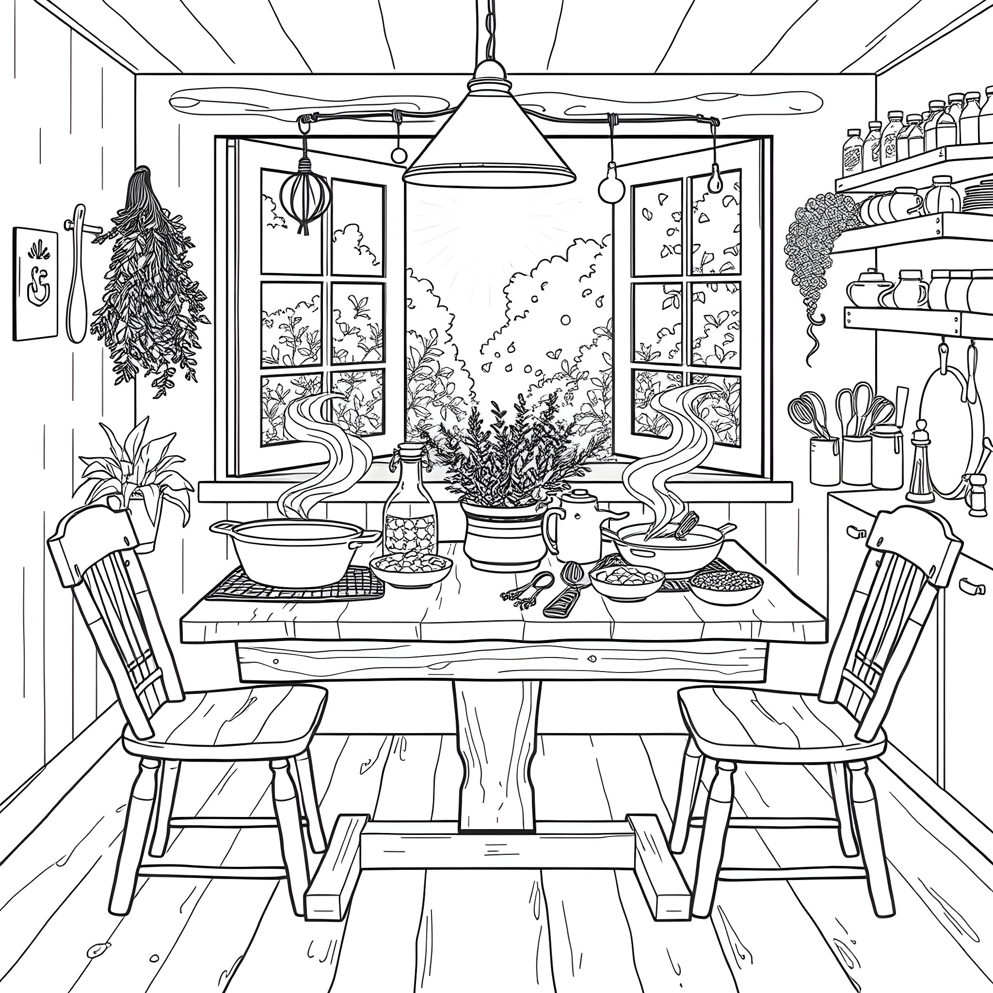 Kitchen with Cozy Dining Arrangement Coloring Page (free black-and-white line drawing printable PDF for all, from beginners to advanced learners, including children, teens, adults, and seniors)