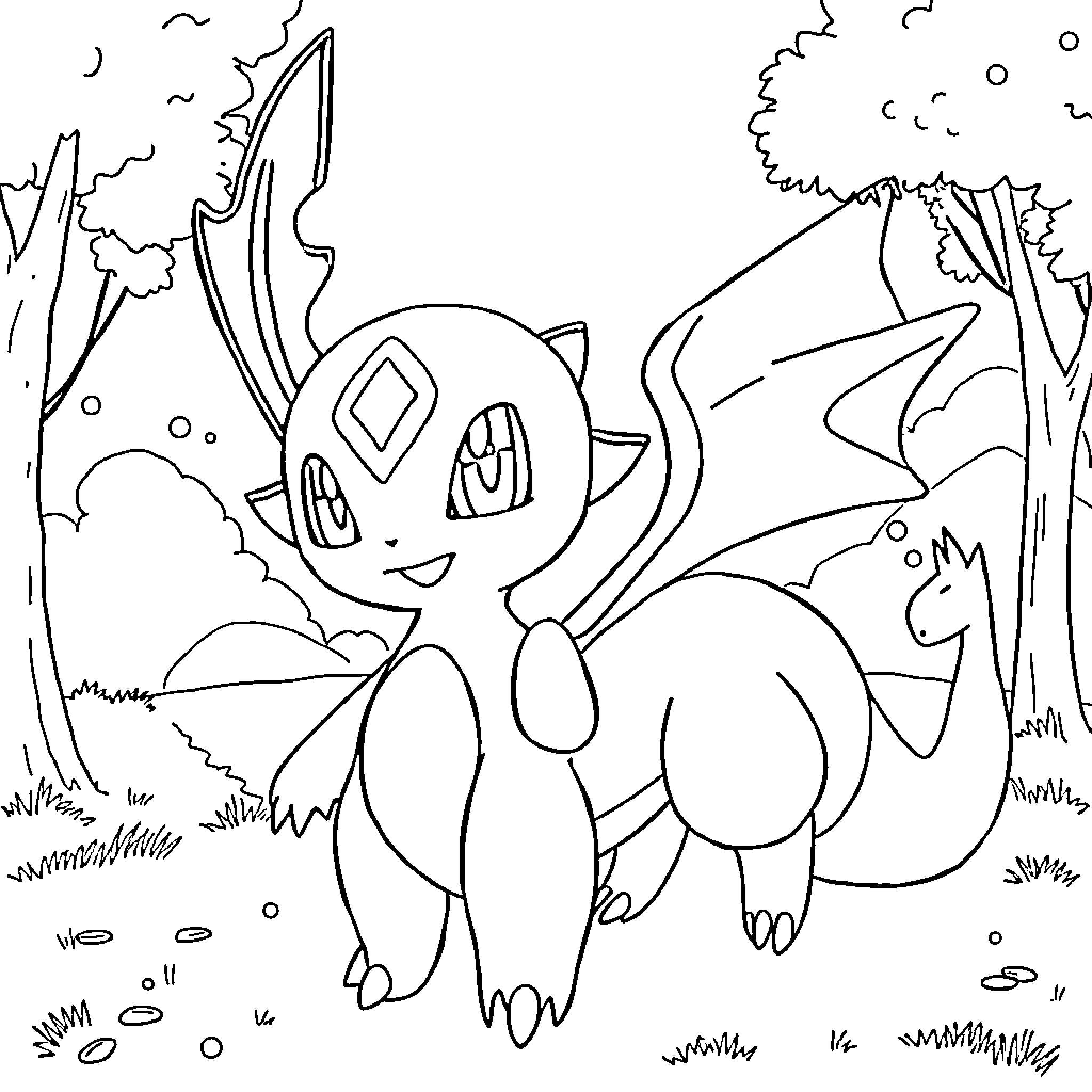 Pokémon character in a nature scene Coloring Page (free black-and-white line drawing printable PDF for all, from beginners to advanced learners, including children, teens, adults, and seniors)