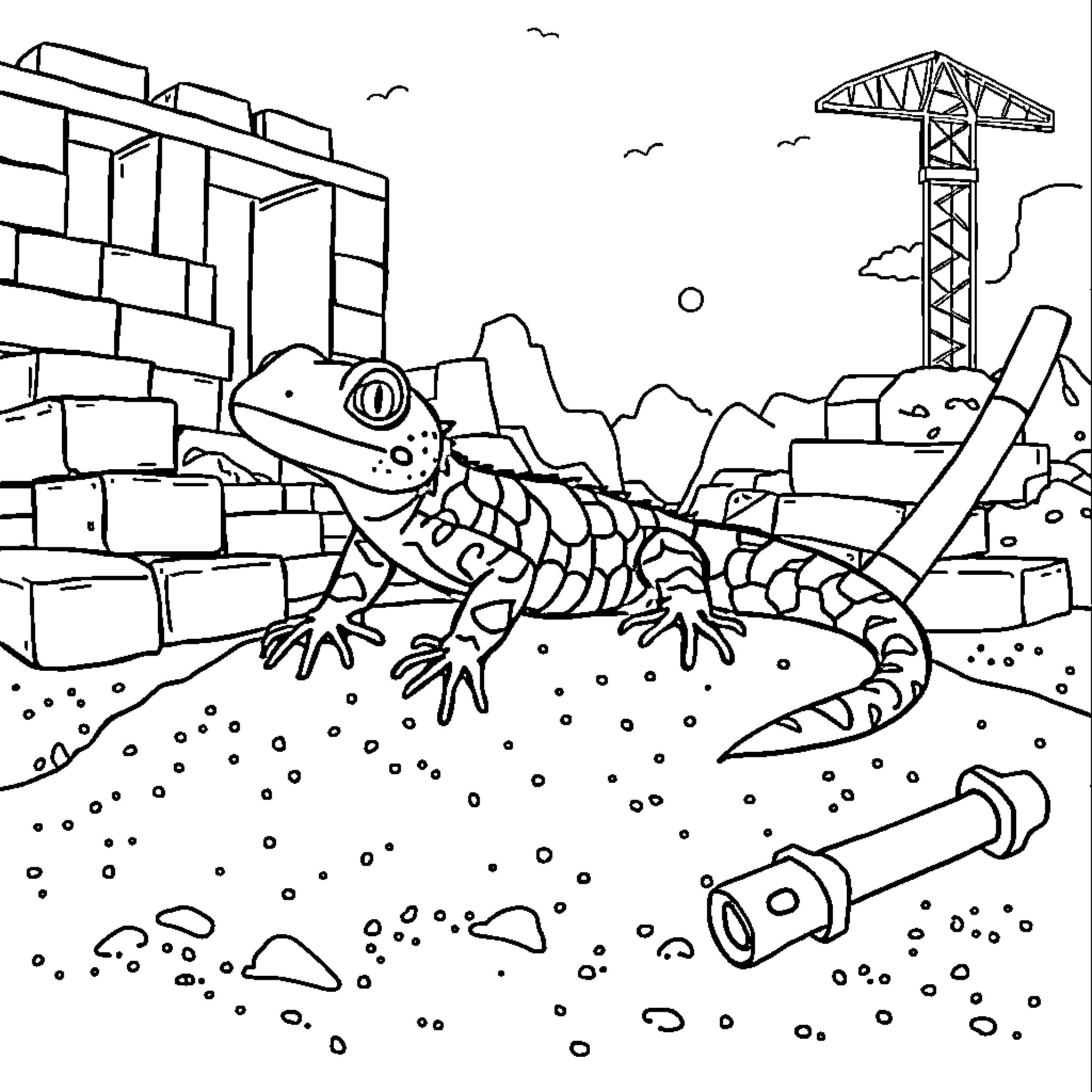 Salamander exploring the construction site Coloring Page (free black-and-white line drawing printable PDF for all, from beginners to advanced learners, including children, teens, adults, and seniors)