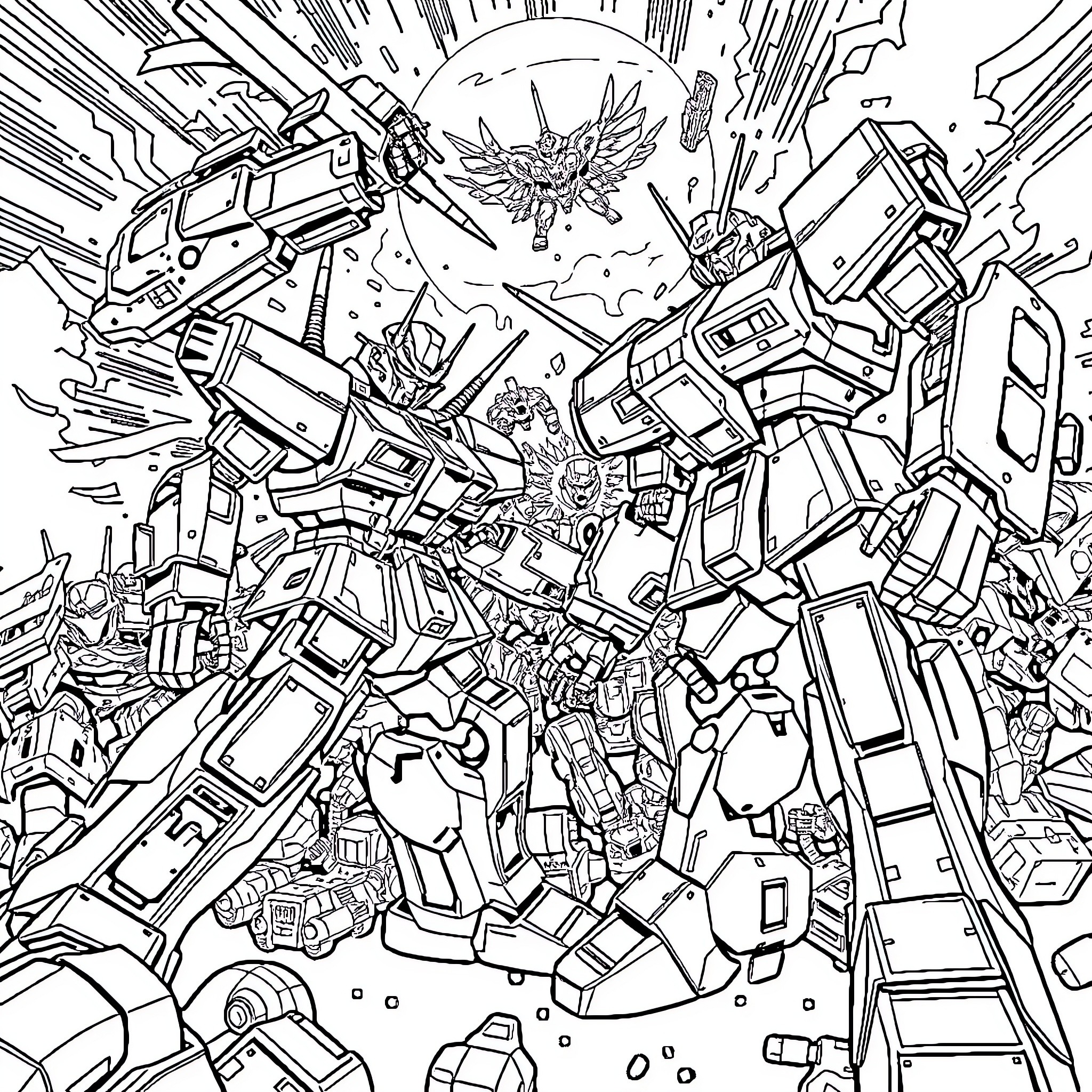 Mech Warriors Engaged in Intense Battle Coloring Page (free black-and-white line drawing printable PDF for all, from beginners to advanced learners, including children, teens, adults, and seniors)