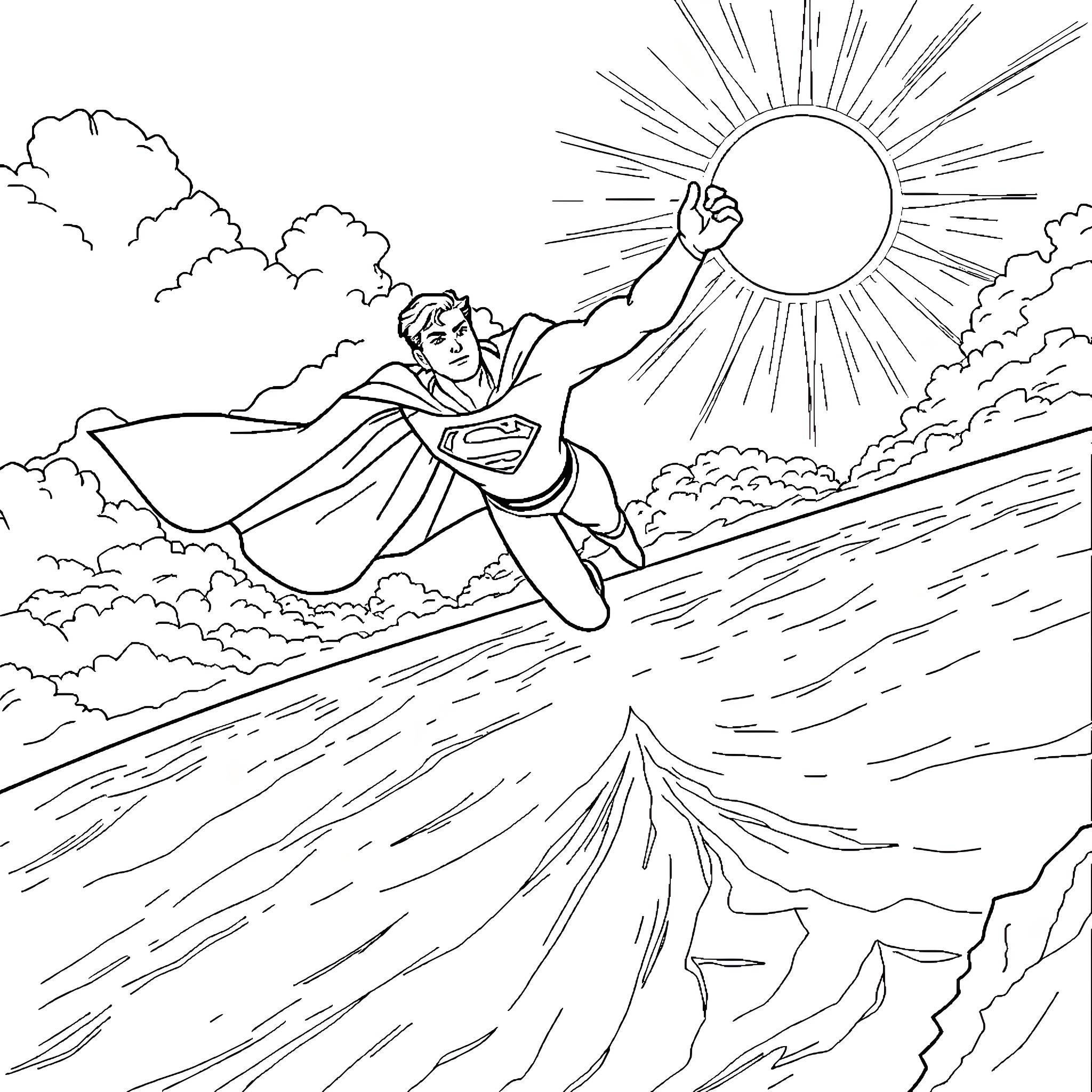 Superman soaring through the skies with determination Coloring Page (free black-and-white line drawing printable PDF for all, from beginners to advanced learners, including children, teens, adults, and seniors)