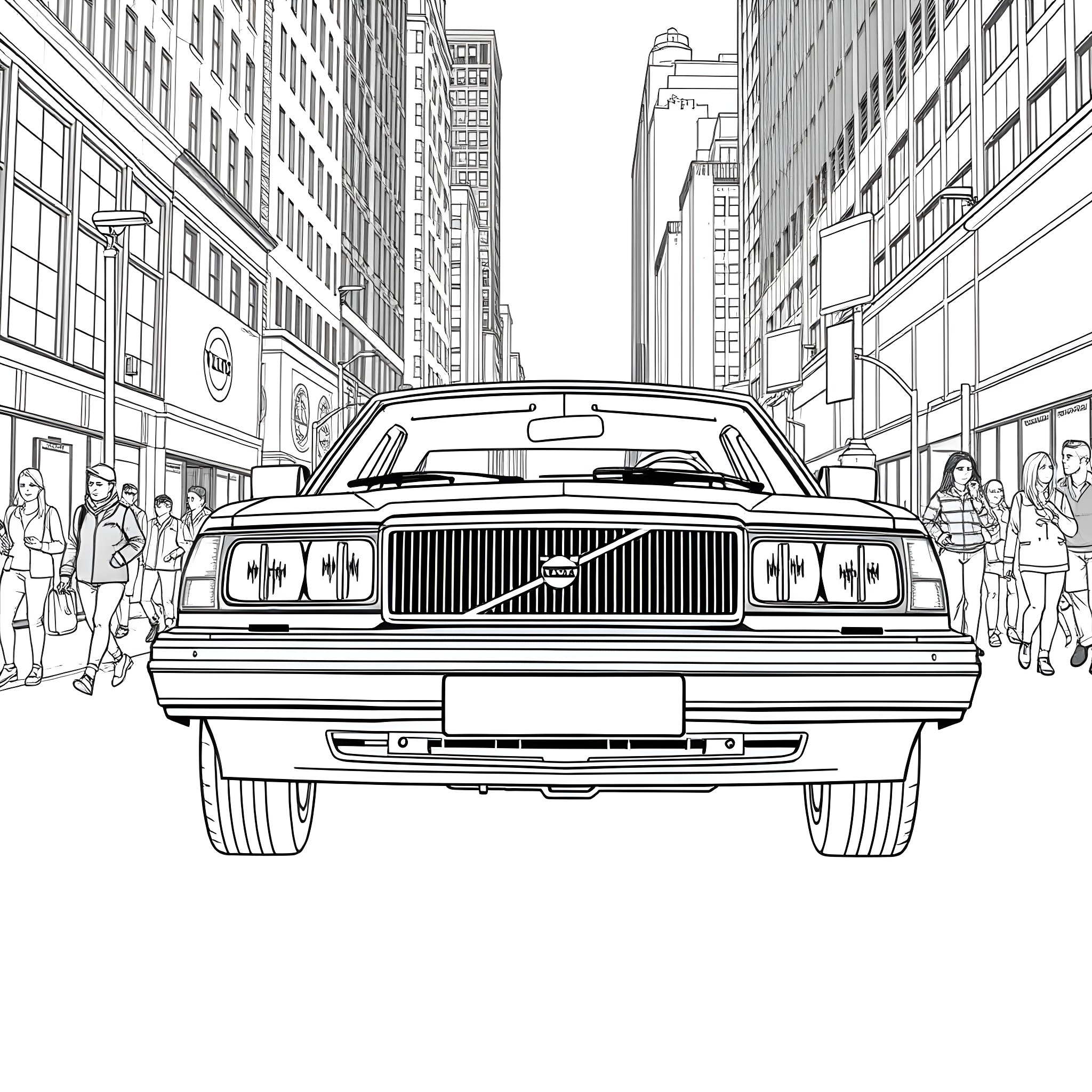 Volvo car in bustling city street Coloring Page (free black-and-white line drawing printable PDF for all, from beginners to advanced learners, including children, teens, adults, and seniors)