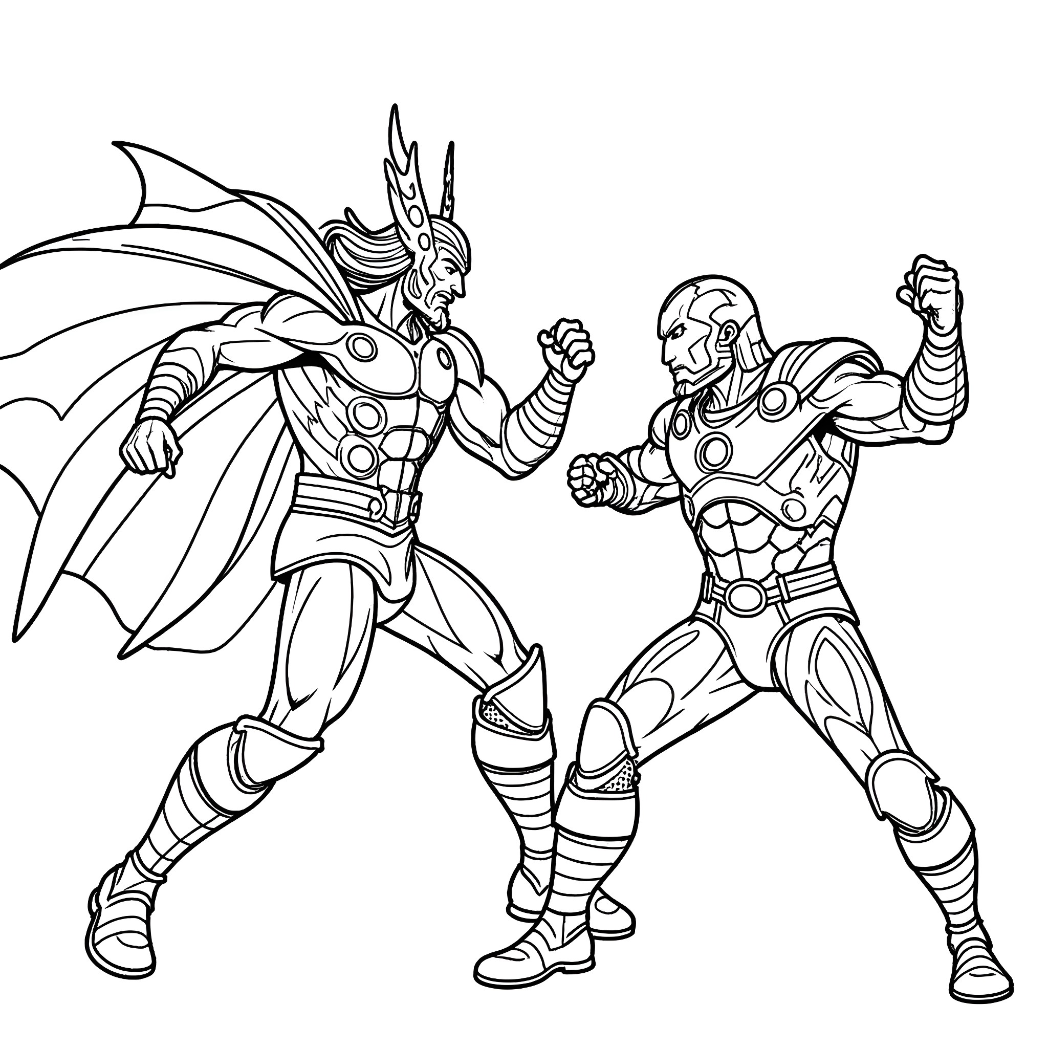 Thor battling a mighty foe in an epic clash Coloring Page (free black-and-white line drawing printable PDF for all, from beginners to advanced learners, including children, teens, adults, and seniors)