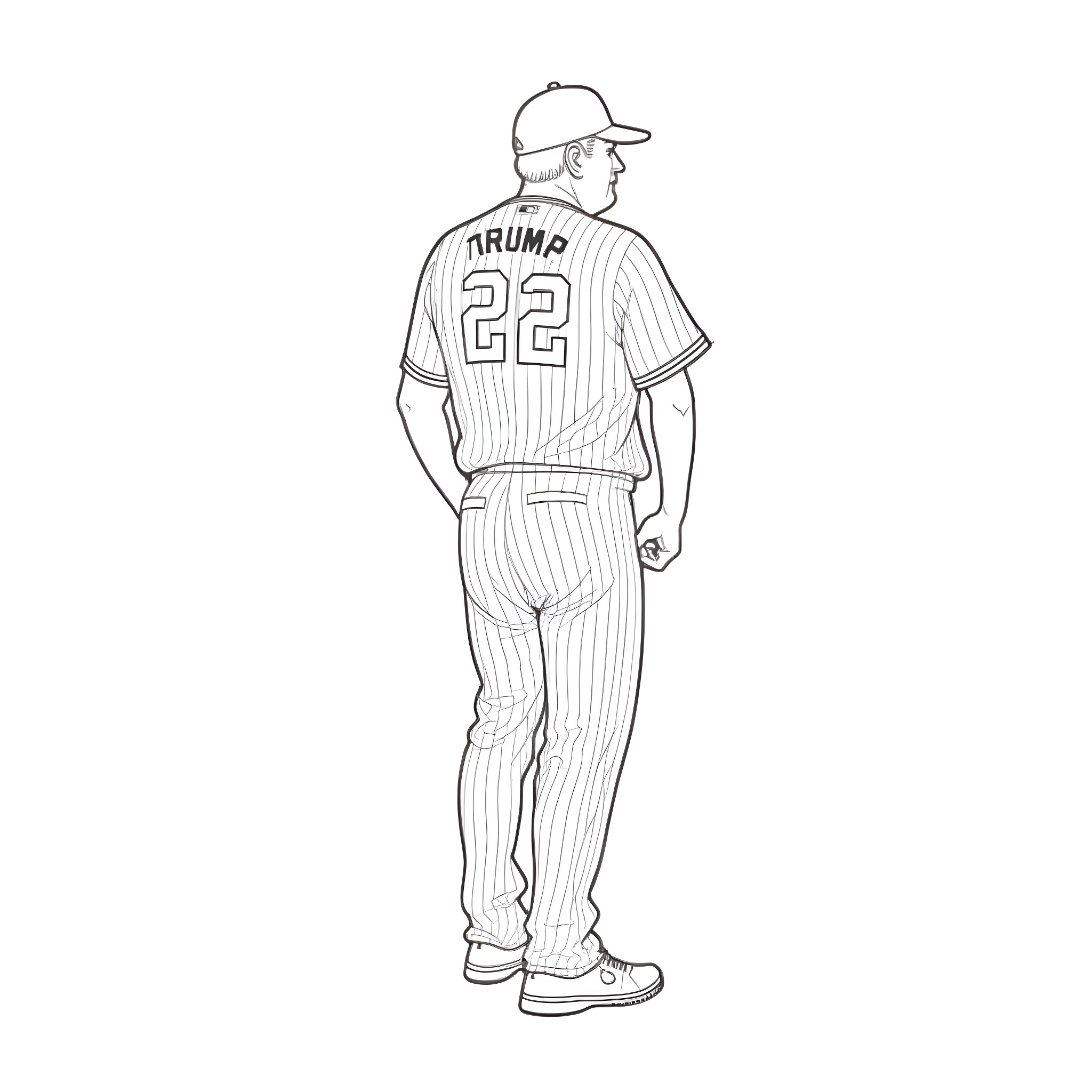 Trump in Baseball Uniform Holding Bat Coloring Page (free black-and-white line drawing printable PDF for all, from beginners to advanced learners, including children, teens, adults, and seniors)